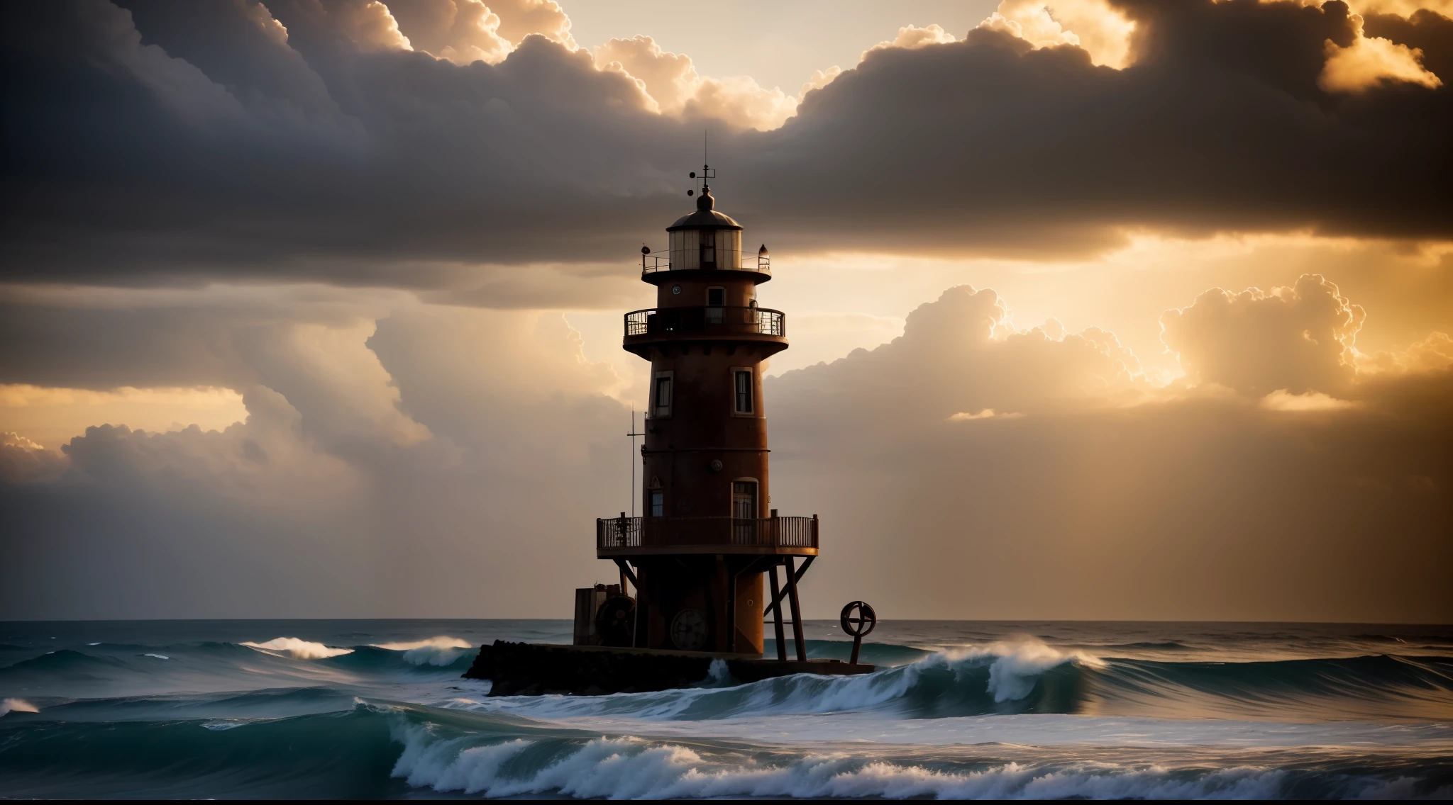 Faro Steampunk en una costa rocosa. Acantilados, grandes olas, Dramatic sky, nubes de tormenta, llamativo, dramatic, Sobrecogedoras, High resolution, alta calidad, Luz de fondo