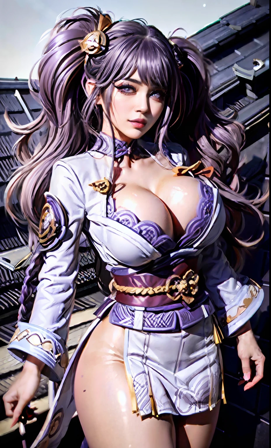 Unreal Engine 5 Realistic Rendering, ((portrait:1.2)), RaidenShogun, detailed clothes, white clothes, blunt bangs, braid, (huge breasts:1.1), cleavage, wide-sleeved kimono, hair ornament, white japanese clothes, (red obi:1.4), (purple hair:1.4), very long hair, straight hair, detailed face, cool face, (smooth chin:0.85), closed mouth, long eyelashes, sharp eyes, looking at viewer, beautiful eyes, detailed eyes, thick eyebrows, red eyeshadow, symmetry eyes, (ulzzang-6500:0.7), skirt, (from below:1.1), (kyoto castle:1.4), full figure, (rooftop:1.5), (star \(sky\):1.3), photon mapping, physically-based rendering, RAW photo, highly detailed background, high res, perspective, beautiful face, top body is hyper realistic thicc muscle and hyper largest_breasts!! with the type of boobs_melons, lower is huge buttocks, wet shiny body
