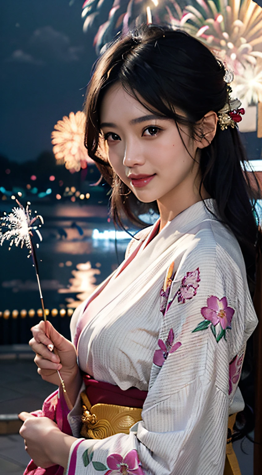 best qualtiy、​masterpiece、photoRealstic、intricate-detail、Raw foto、Photon Rendering、Octane Rendering、absurderes、ultra-detailliert、A detailed face、Detailed skin、Trending in art stations、8K Masterpiece、lighting like a movie、( (1girl in))、((独奏) ))、CG Social Trends、Plastic En、((Black Long Hair))、((Beautuful Women))、(A smile)、Upper teeth、Fashionable、Hair that flutters in the wind、((Flowing hair))、fashion magazine、((A sexy))、((lighting like a movie)、((indirect lighting)、、(ssex)、Grinning、(View from a distance)、((Festival of Japan))、Pink kimono、((Fireworks Festival))、