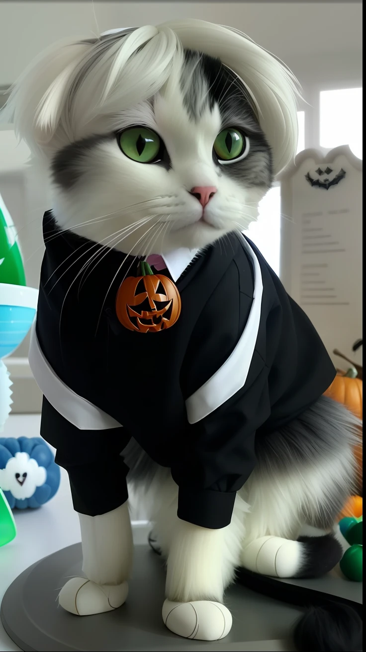 Aravi cat wearing a white wig and black shirt, Fully dressed, casually dressed, he looks very sophisticated, dressed casually, in a halloween style, A handsome, in a fancy dress, also very detailed, Very handsome, wearing a costume, he is wearing a black, Dress well, Very detailed!, Ready to eat, Very detailed!!, awww, Detailed!