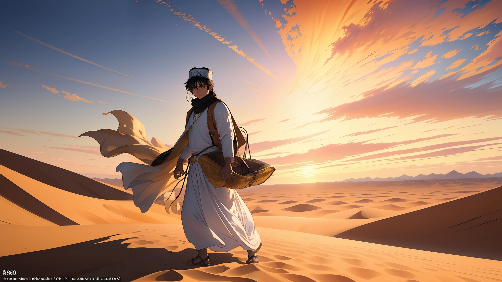 "(8k ultra-realistic) (detailed image) (masterpiece) (superb quality) Panic erupted as (young man) Amir (in traditional Islamic attire) desperately searched for direction in the scorching desert."