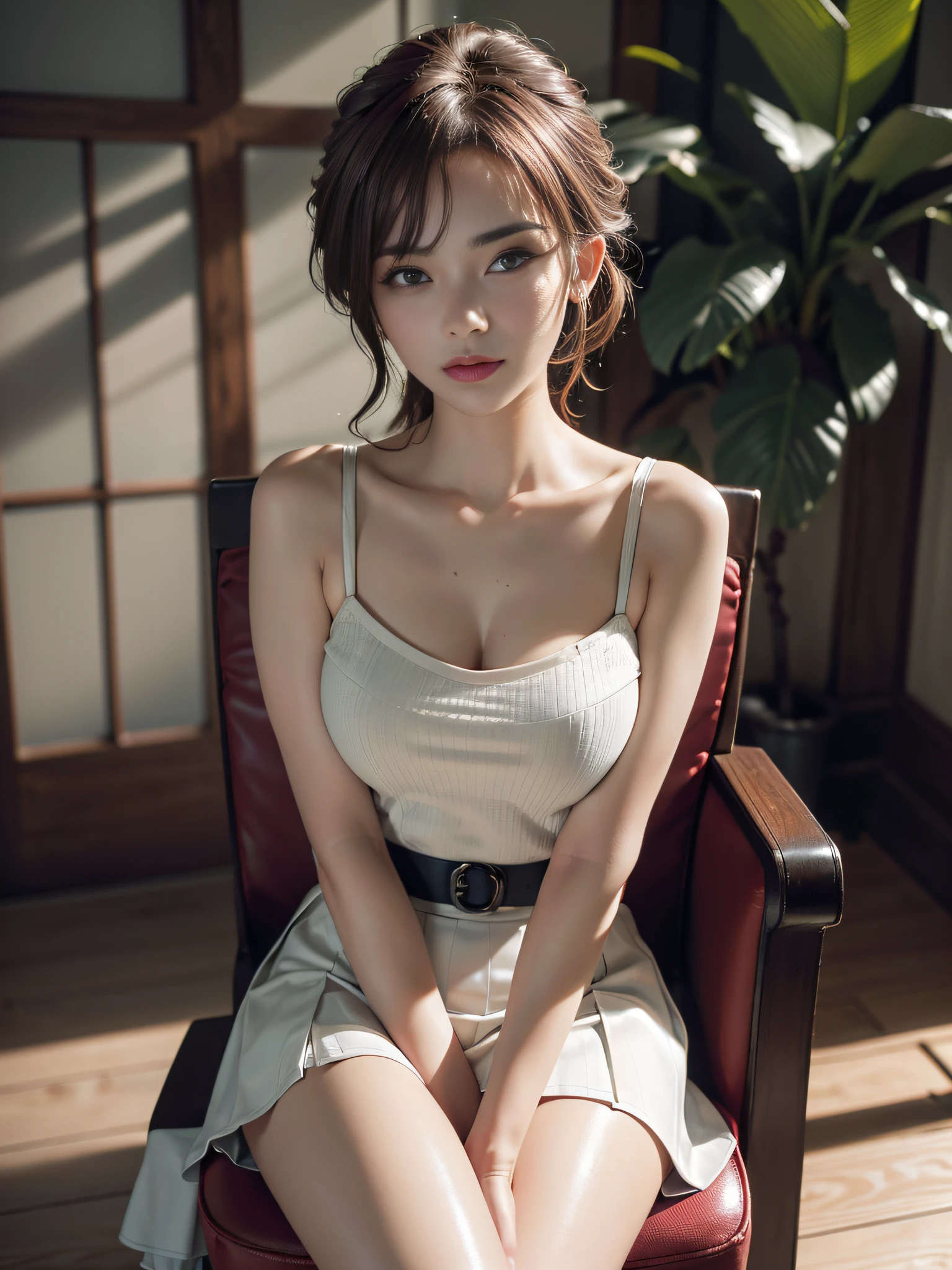 photo of beautiful (n4t3mm:0.99), (unreal engine), (vray), (Ultra Real), (photorealistic) (High Resolution), (8K), (Very Detailed), (hyperdetailed), (Beautiful Detailed Eyes), (Best Quality), (Ultra Detailed), (Detailed Face), (depth of field), (high detailed skin:1.2), (HDR), (lipgloss, eyelashes, gloss-face, glossy skin, chromatic aberration, caustics, Broad lighting, natural shading) RAW photo, dslr, soft lighting, sharp focus, masterpiece, best quality, woman in a red top and white skirt sitting on a chair, sitting on designer chair, elegant seducing pose, sexy dominant pose, seductive seated pose, portrait, emotionless, vibrant