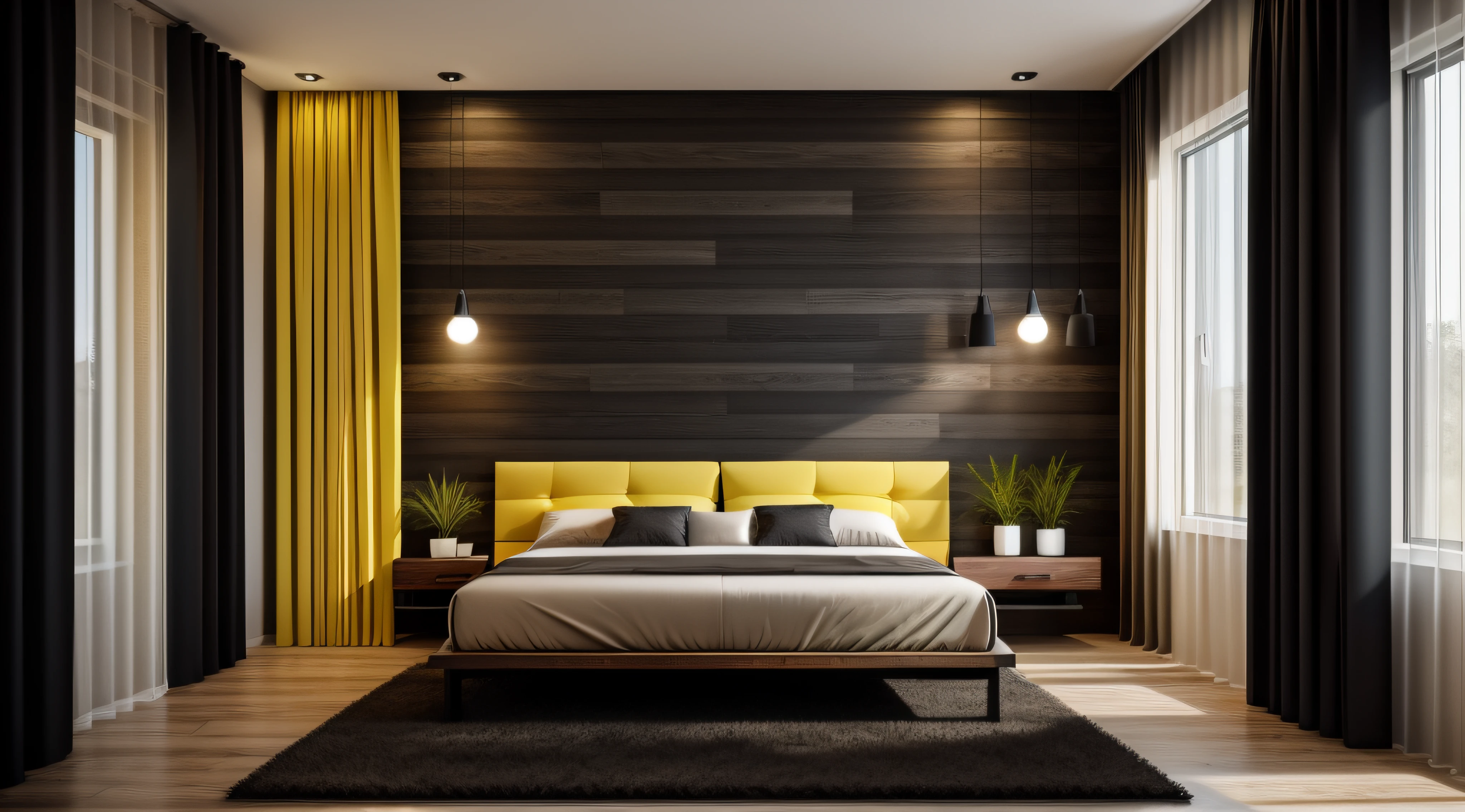 Modern bedroom,Black steel structure,Wood plank background wall,Warm yellow light,Dark gray curtains,Greenery,ultra minimalistic,tmasterpiece,A high resolution,8K