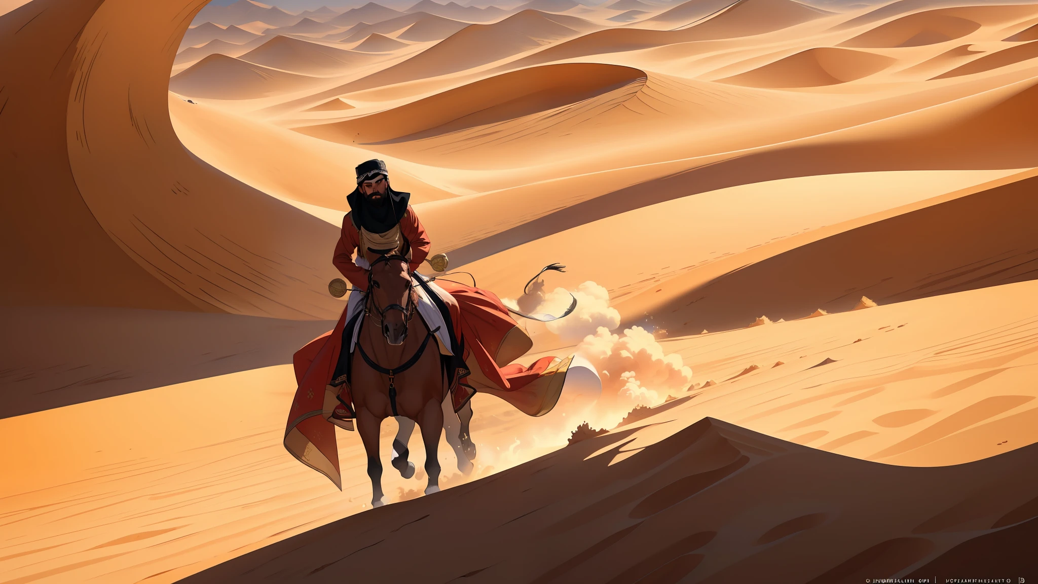 "(8k ultra-realistic) (detailed image) (masterpiece) (superb quality) Panic erupted as Amir (in traditional Islamic attire) desperately searched for direction in the scorching desert."