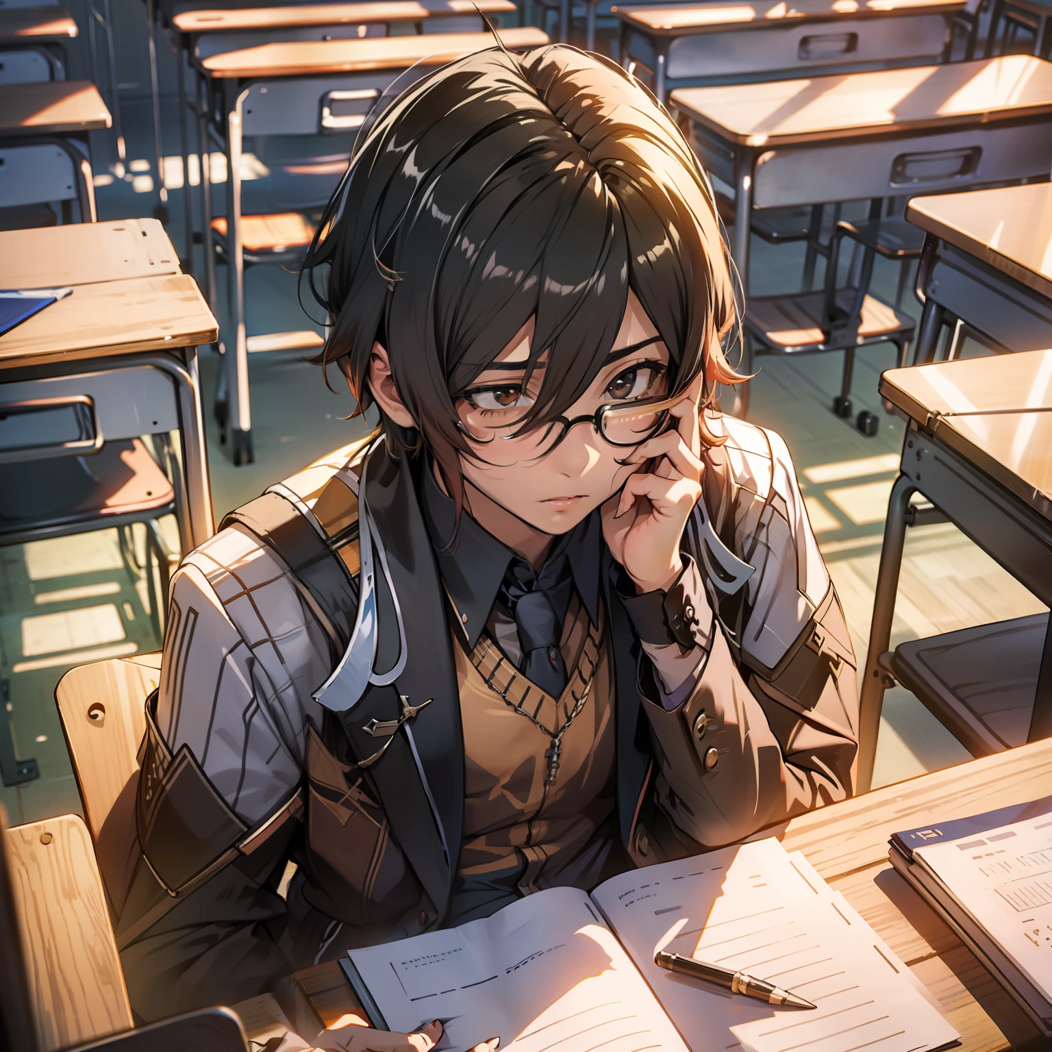 A male student sat in the classroom secretly playing with the computer, and other students listened carefully and did homework in the classroom, and the male student was very afraid