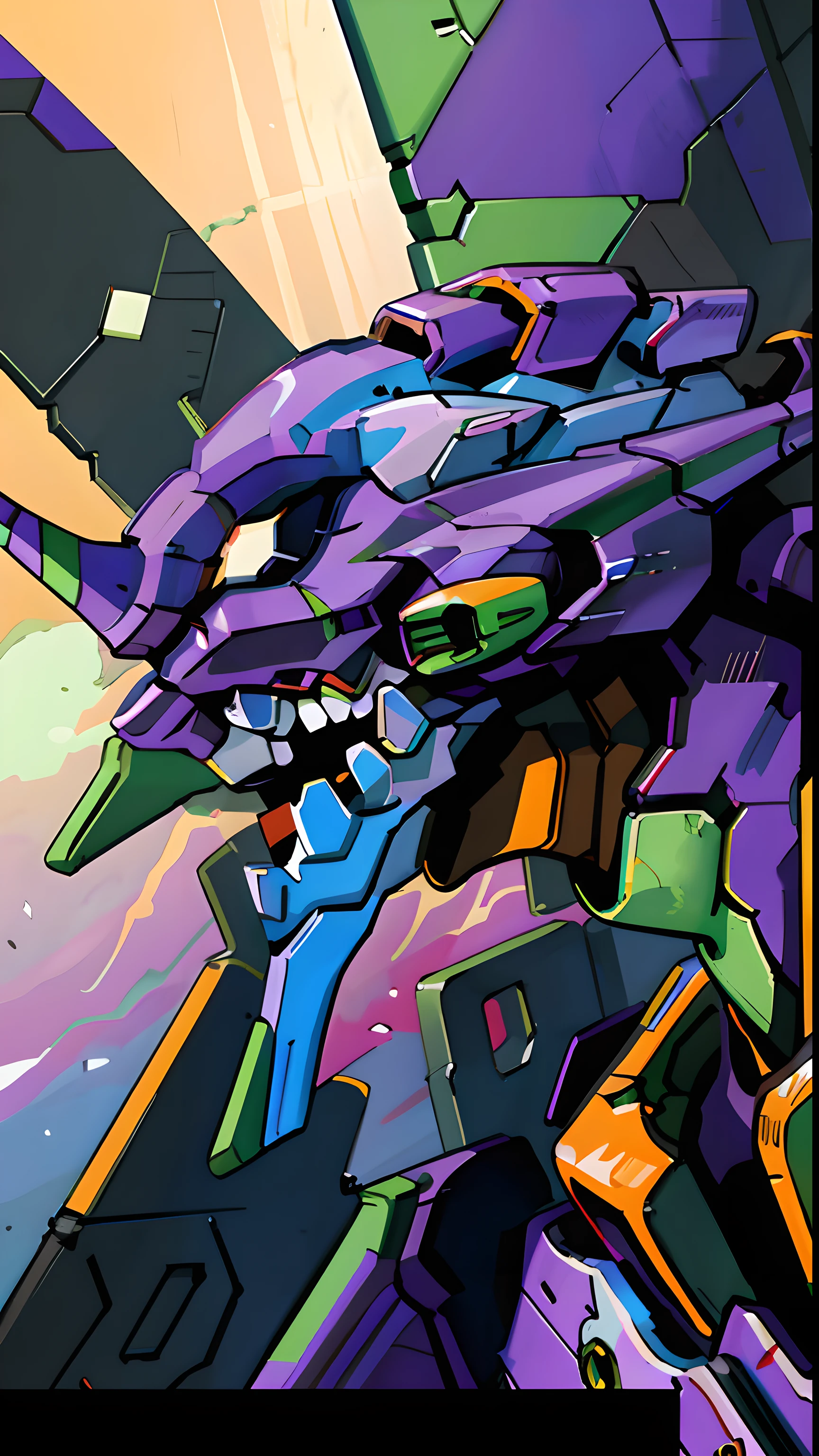 (eva 01), evagod, evangelion mecha, science fiction, looking at viewer, (official art, Best quality, masterpiece:1.2), illustration, high res, beautiful abstract background, Futurism, cyberpunk, intense angle,