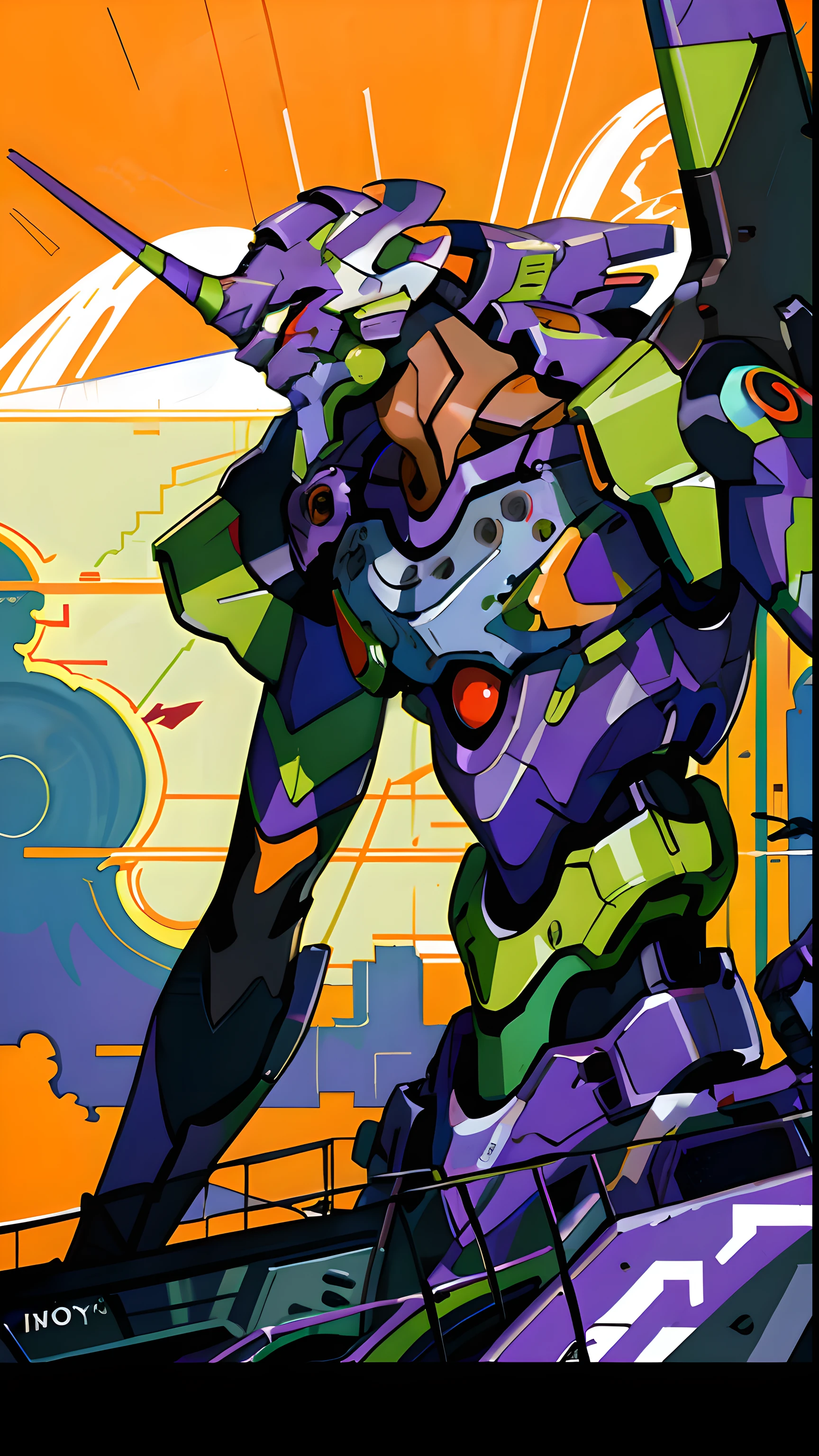 (eva 01), evagod, evangelion mecha, science fiction, looking at viewer, (official art, Best quality, masterpiece:1.2), illustration, high res, beautiful abstract background, Futurism, cyberpunk, intense angle,