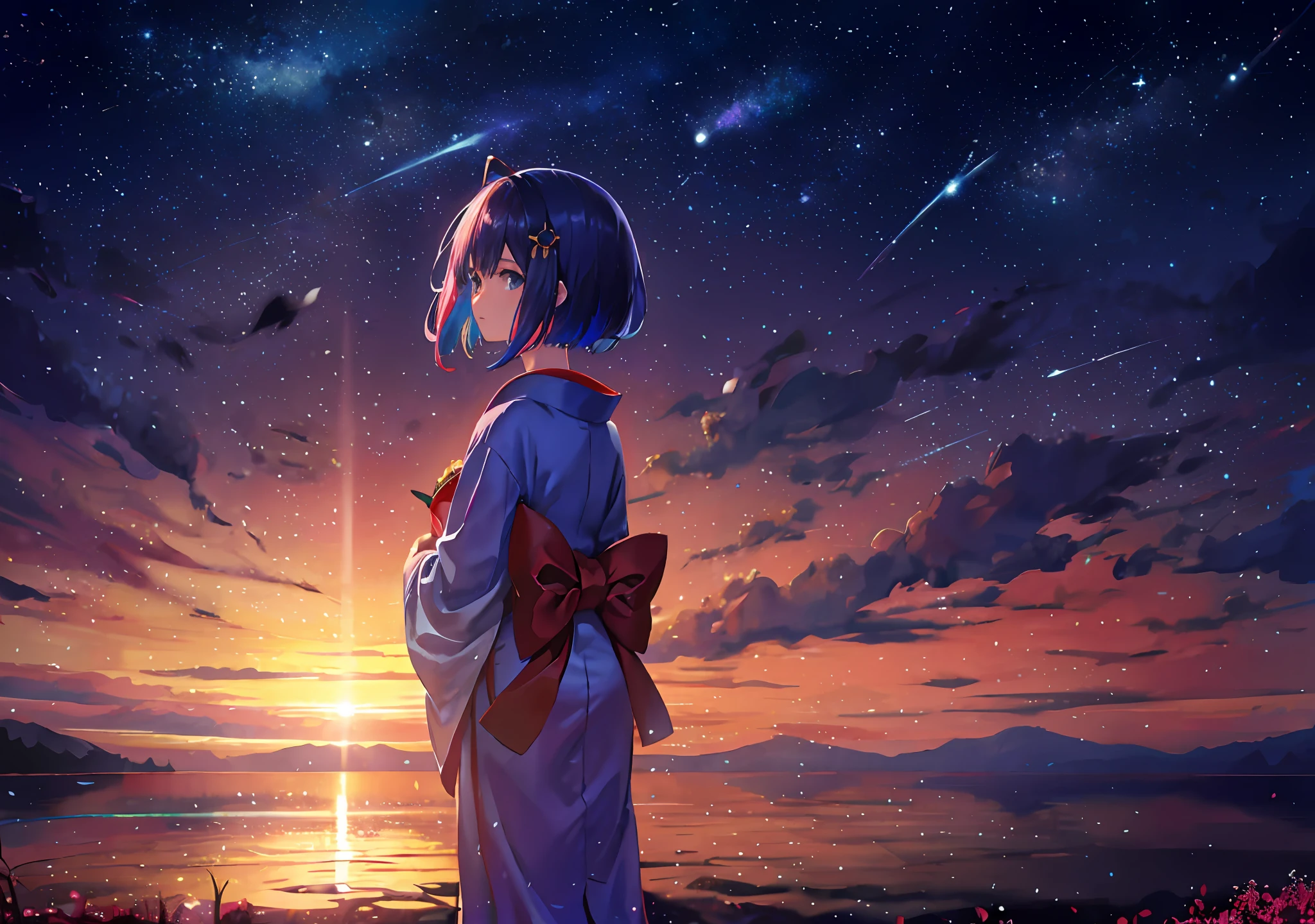 1girl in、Distant girl in kimono looking at the stars、(Widescreen 16x9)(Meteor swarm:1.2)、(comets:1.1)、Her name、low angles、backs、Northern Alola、shooting stars、bathrobe、kimono red、cherry trees、Standing in the field、top-quality、​masterpiece、​​clouds、colourfull、stele、stele、Light blue shiny colored hair