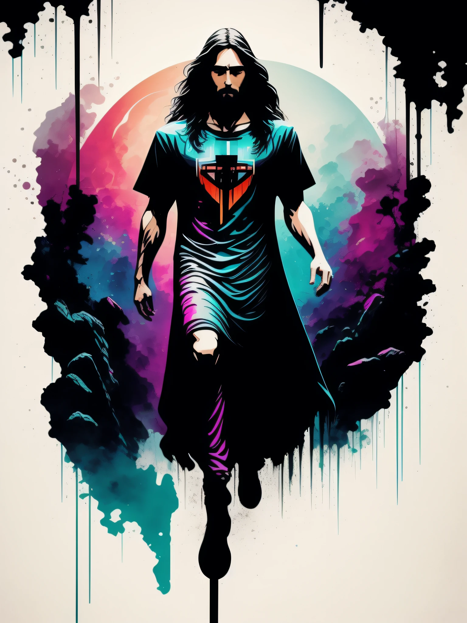 Jesus walking on water, 2D t-shirt art, Cyberpunk, epic illustration, vector, 2d illustration, black background, very colorful, full gradient modern colors, Focused, front view