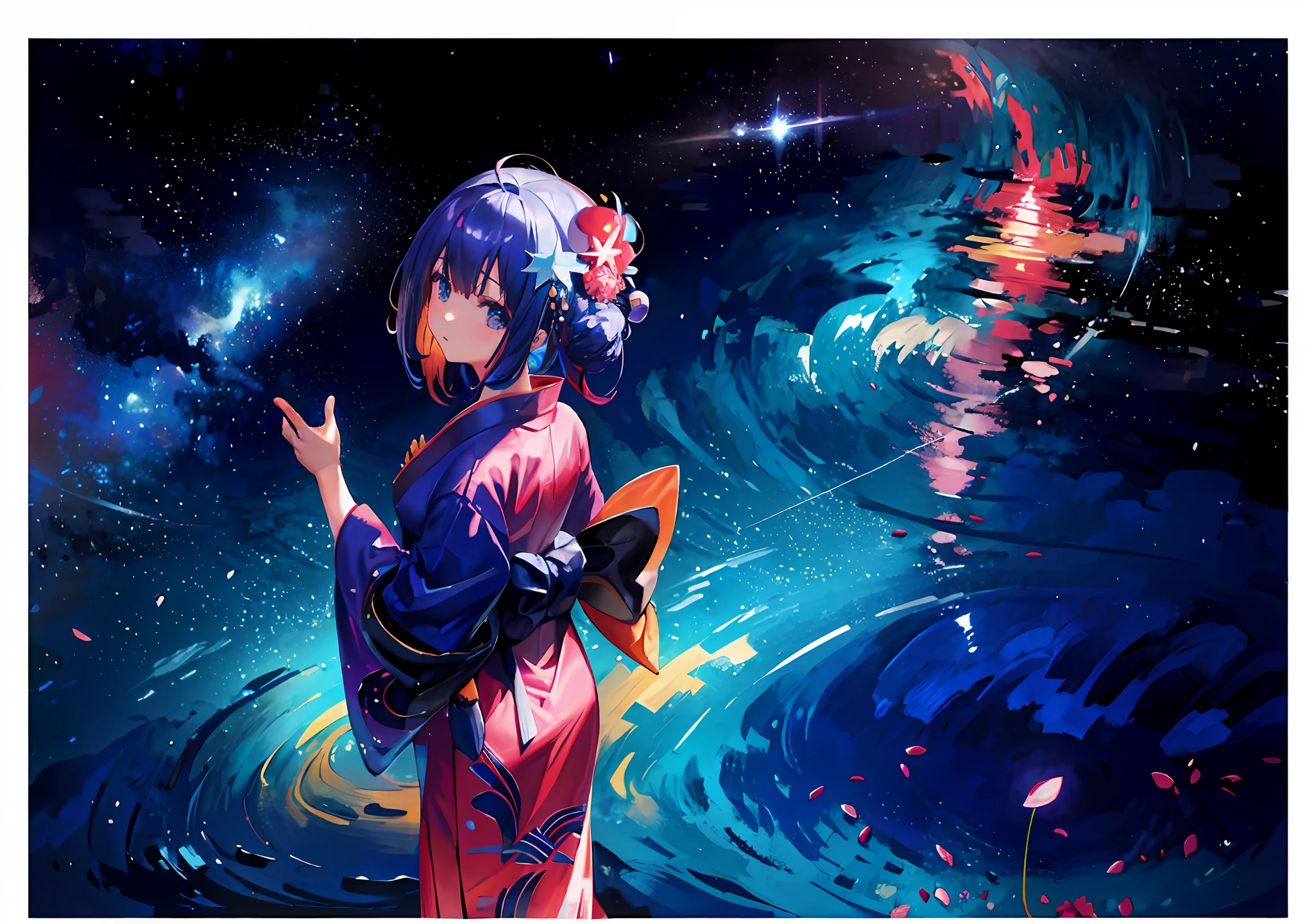1girl in、Distant girl in kimono looking at the stars、(Widescreen 16x9)(Meteor swarm:1.2)、(comets:1.1)、Her name、low angles、backs、Northern Alola、shooting stars、bathrobe、kimono red、cherry trees、Standing in the field、top-quality、masterpiece、clouds、colourfull、stele、stele、Light blue shiny colored hair