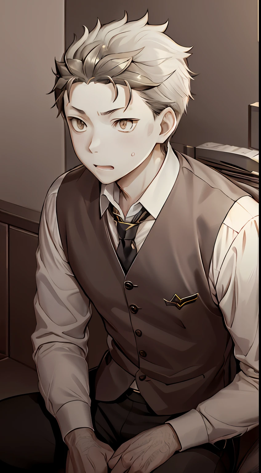 (1 Adult male),A high resolution, Sharp focus, Pixiv masterpiece, ((Complicated details)), highly detailed, natsuki_subaru, 1 man, with her mouth open,drools,full bodyesbian, Golden eyes(eyes glowing), with short golden hair,The shirt,Blue tie,obi strip,perspire,look from down