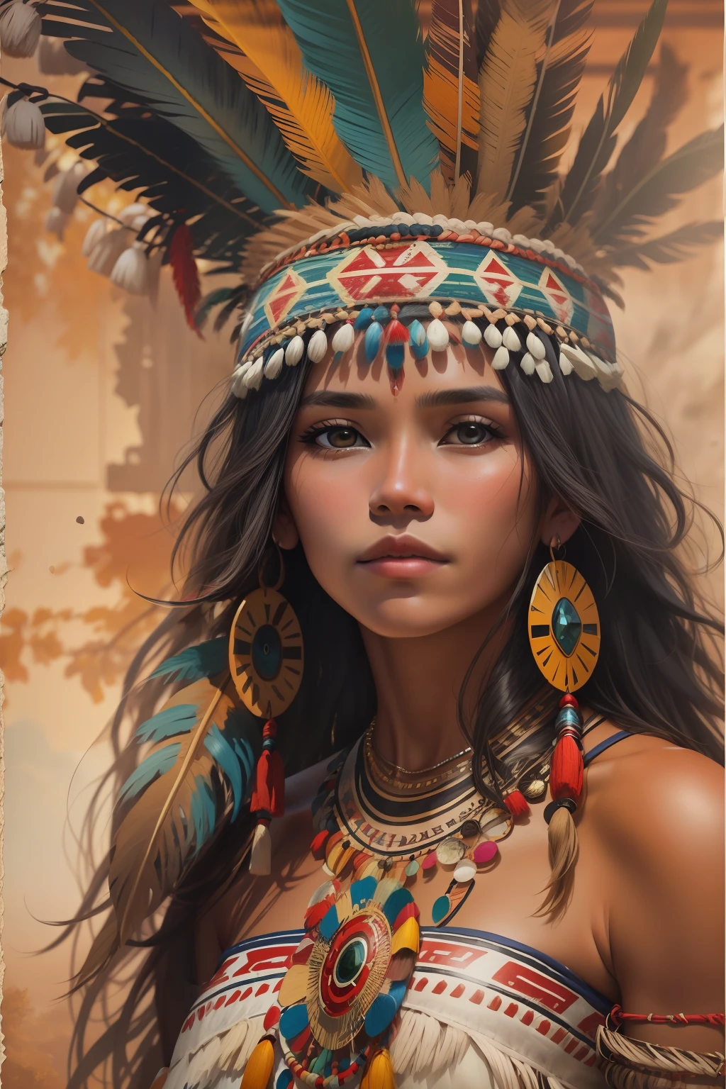 A beautiful scantily clad indigenous woman wearing a headdress, cabelos pretos longos cacheados, rosto bonito, imagem de corpo inteiro, imagem alto detalhe, simetria, Arte de Fantasia