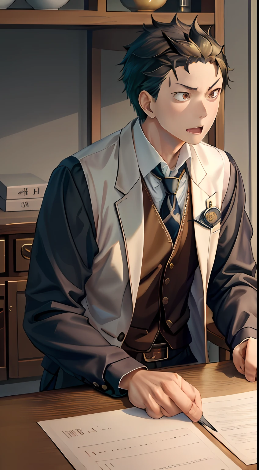 (1 Adult male),A high resolution, Sharp focus, Pixiv masterpiece, ((Complicated details)), highly detailed, natsuki_subaru, 1 man, with her mouth open,drools,full bodyesbian, Golden eyes(eyes glowing), with short golden hair,The shirt,Blue tie,obi strip,perspire,look from down