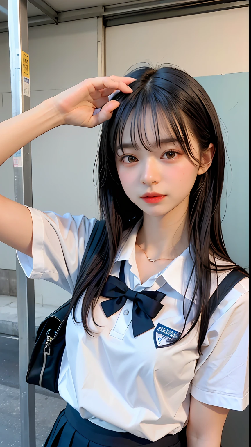 ((top-quality、​masterpiece))、Raw photography、8K、top-quality、 超A high resolution、Beautiful face in every detail、Realistic human skin、Gentle expression、front-facing view、Farbe々From an angle、length hair、realisitic、Photorealsitic、cute little、a short skirt、cute school girl、Japan schoolgirl wearing uniform、Surreal High School Girl、outside of house、(wrist watch)、A bracelet、blue-sky、Bus stop、School bag、