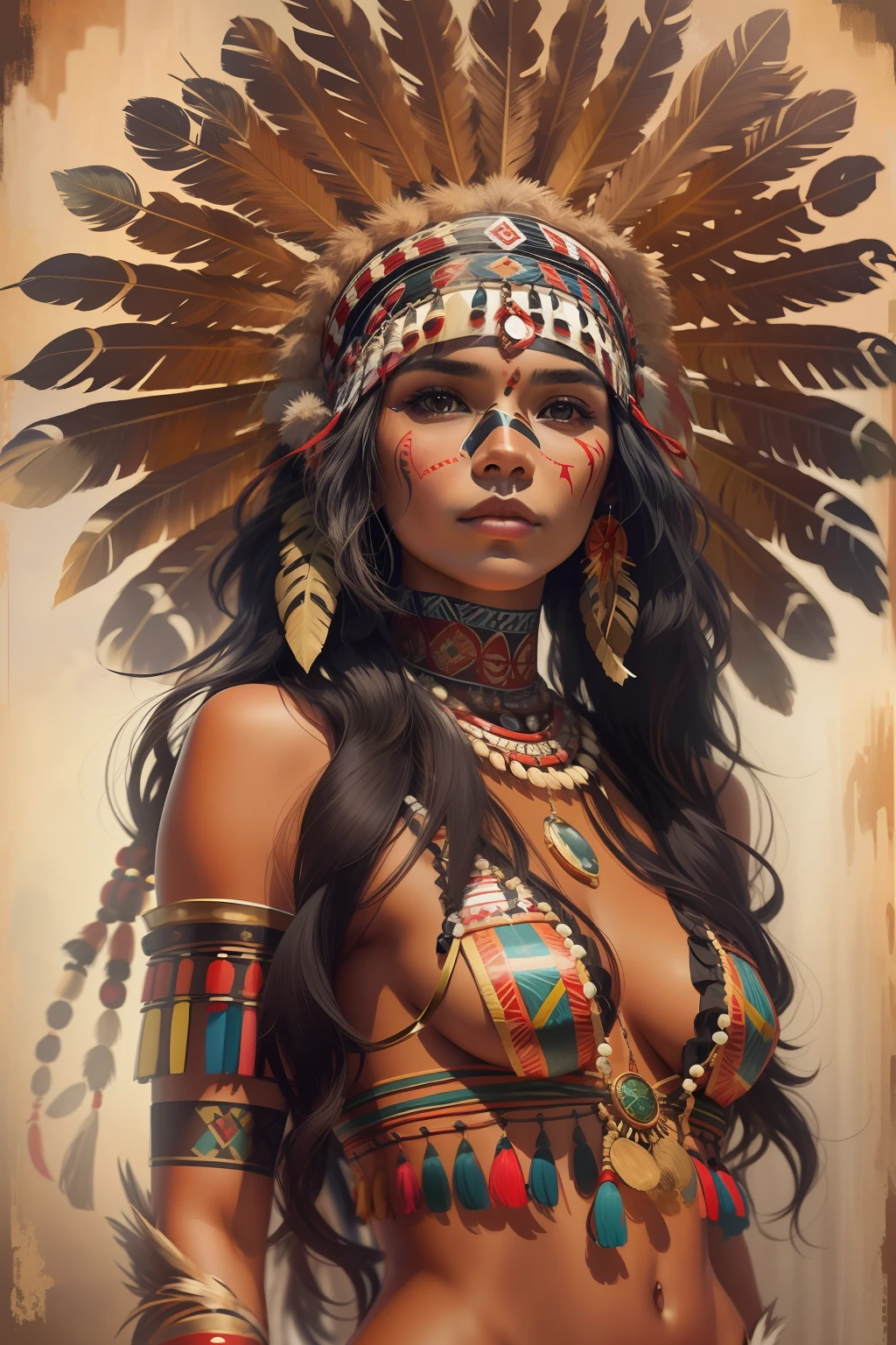 A beautiful scantily clad indigenous woman wearing a headdress, cabelos pretos longos cacheados, rosto bonito, imagem de corpo inteiro, imagem alto detalhe, simetria, Arte de Fantasia