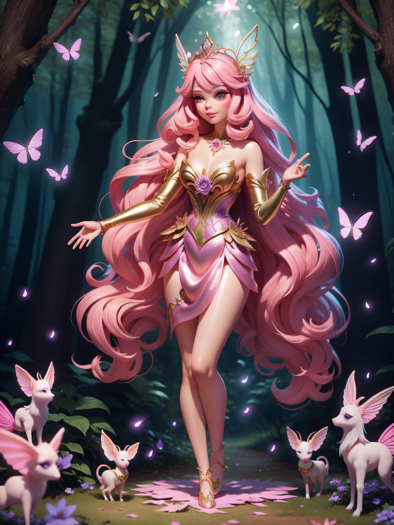 Enter a magical kingdom as Barbie transforms into a graceful forest fairy, surrounded by glittering fireflies and eccentric creatures. Com asas cintilantes e uma coroa de flores, She spreads enchantment in an ethereal forest setting.