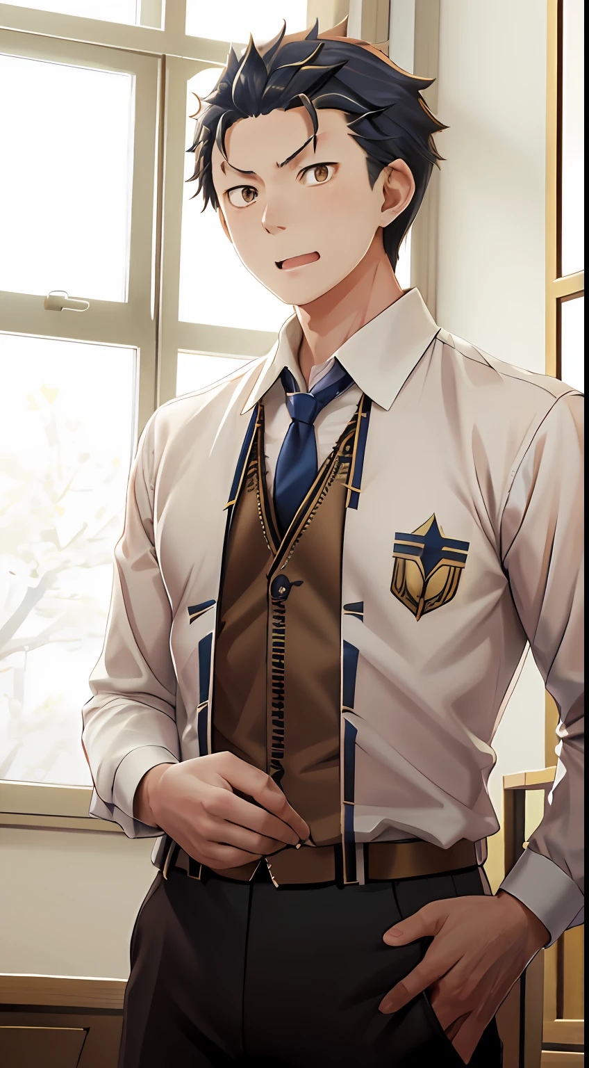 (1 Adult male),A high resolution, Sharp focus, Pixiv masterpiece, ((Complicated details)), highly detailed, natsuki_subaru, 1 man, with her mouth open,drools,full bodyesbian, Golden eyes(eyes glowing), with short golden hair,The shirt,Blue tie,obi ?????,perspire,look from down