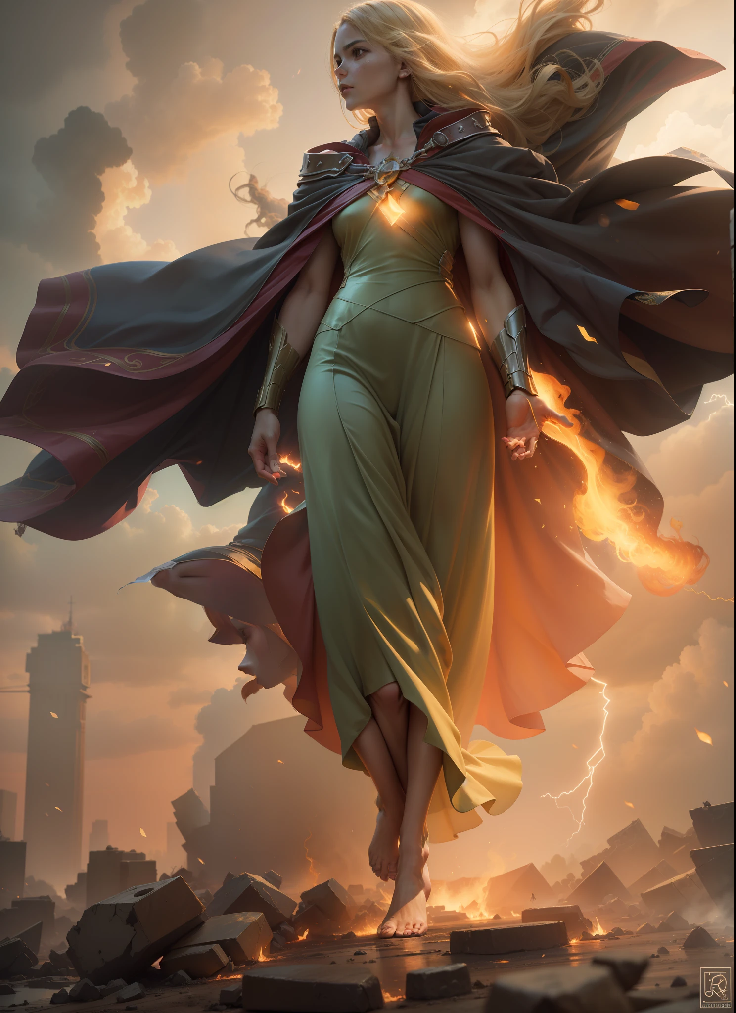 Summoner barefoot female levitating with blonde hair, robes and arms of cloak raised on a broken earth, luz de lava brilhante de baixo do campo de asteroides (rochas irregulares, pedregulhos e detritos disparando para o ar:1.3) (tempestade de detritos de poeira ventosa:1.1) Volumetric mist mist ray tracing z pass bright light from below, (obra-prima) (melhor qualidade) (detalhado) (8k) (cinematic lighthing) (foco nítido) (intrincado). roto perfeito, traje detalhado do Homem-Aranha, seios grandes, super hero pose, Standing in the ruined city at sunset, hiperdetalhado, smoke billowing, Sparks, raios solares, (8k), realista, symmetr, premiado, cinematographic lightning, encharcado, filme, 75mm, Scratches, foto de corpo inteiro, close-up, roupas rasgadas e sujas, rosto detalhado,