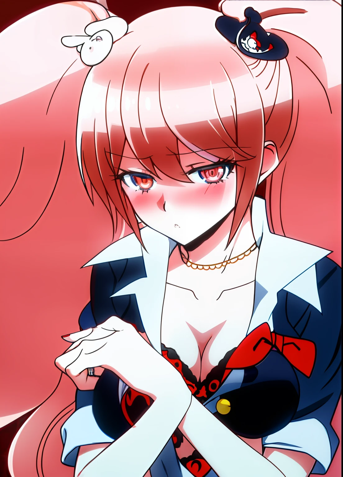Junko Enoshima, 1girl, Headpat, upper body, long hair, hand on head, blush, cat ears, red ears, animal ear fluff, collarbone