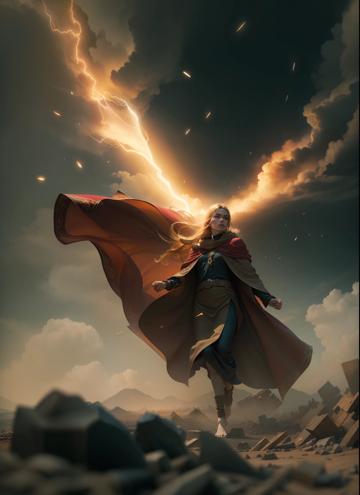 Summoner barefoot female levitating with blonde hair, robes and arms of cloak raised on a broken earth, luz de lava brilhante de baixo do campo de asteroides (rochas irregulares, pedregulhos e detritos disparando para o ar:1.3) (tempestade de detritos de poeira ventosa:1.1) Volumetric mist mist ray tracing z pass bright light from below, (obra-prima) (melhor qualidade) (detalhado) (8k) (cinematic lighthing) (foco nítido) (intrincado). roto perfeito, traje detalhado do Homem-Aranha, seios grandes, super hero pose, Standing in the ruined city at sunset, hiperdetalhado, smoke billowing, Sparks, raios solares, (8k), realista, symmetr, premiado, cinematographic lightning, encharcado, filme, 75mm, Scratches, foto de corpo inteiro, close-up, roupas rasgadas e sujas, rosto detalhado,