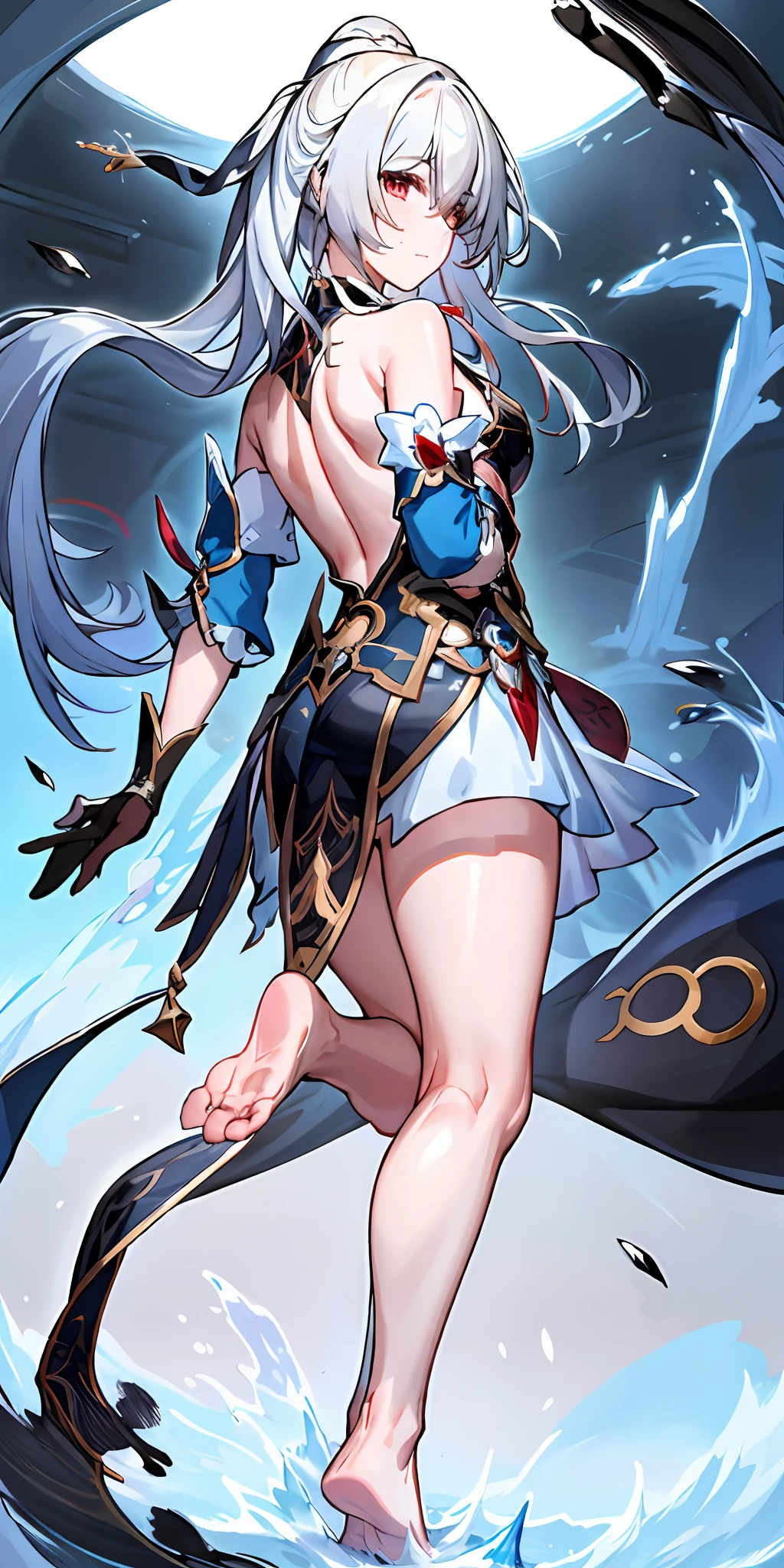 masterpiece, best quality, JingliuV4, 1girl, solo, looking at viewer, closed mouth, gloves, dress, black gloves, detached sleeves, hands behind back, no shoes, bare feet kicking,