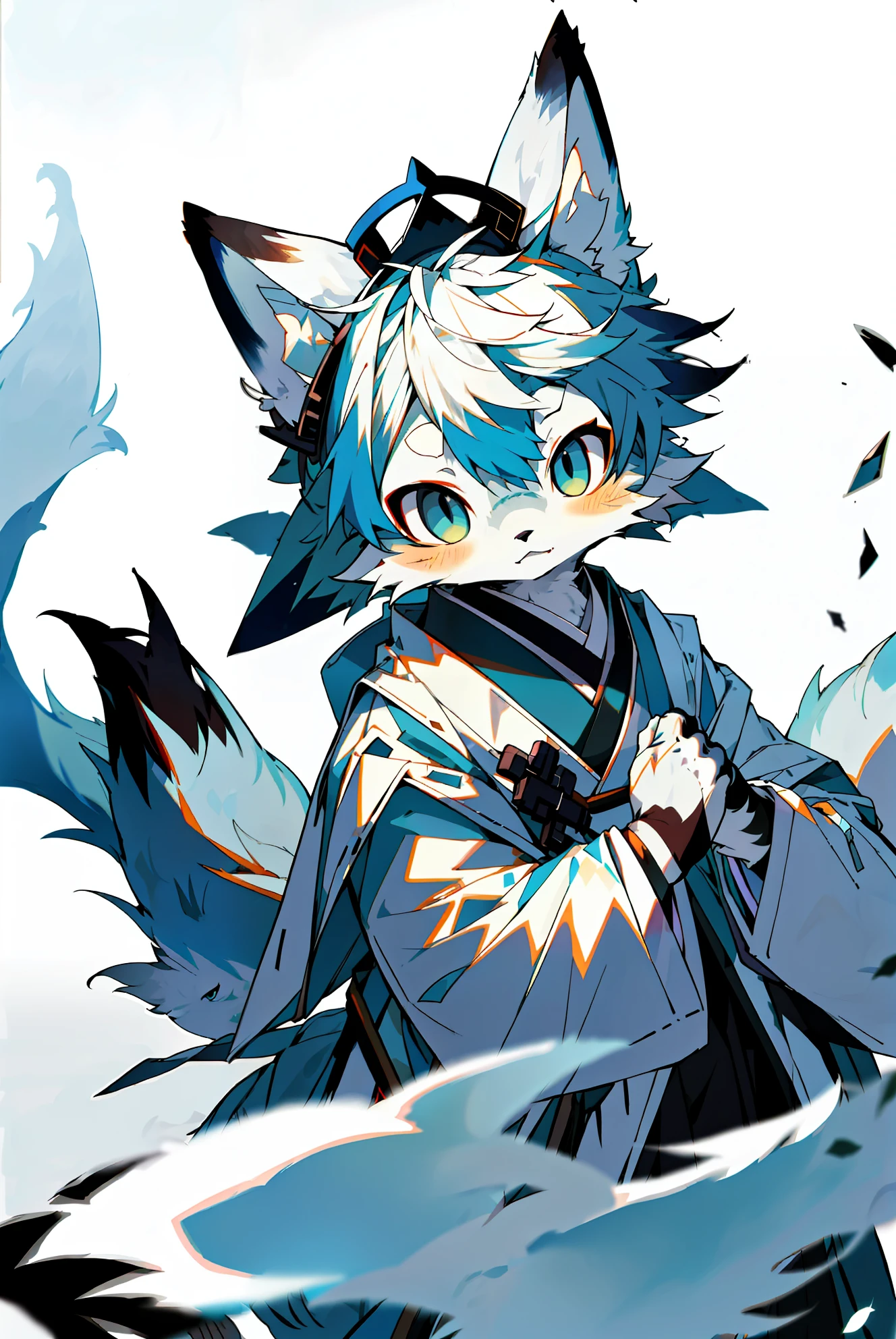 depth of fields，lighting perfect，light particules，（best qualtiy），（top-quality）（tmasterpiece），（ultra - detailed），arctic fox，White fur，White ears，Sharp focus，Sharp eyes，blue color eyes，Furry，komono，Japanese style costume，arctic fox，white colors，shaggy，White tail，Long tail，the street，