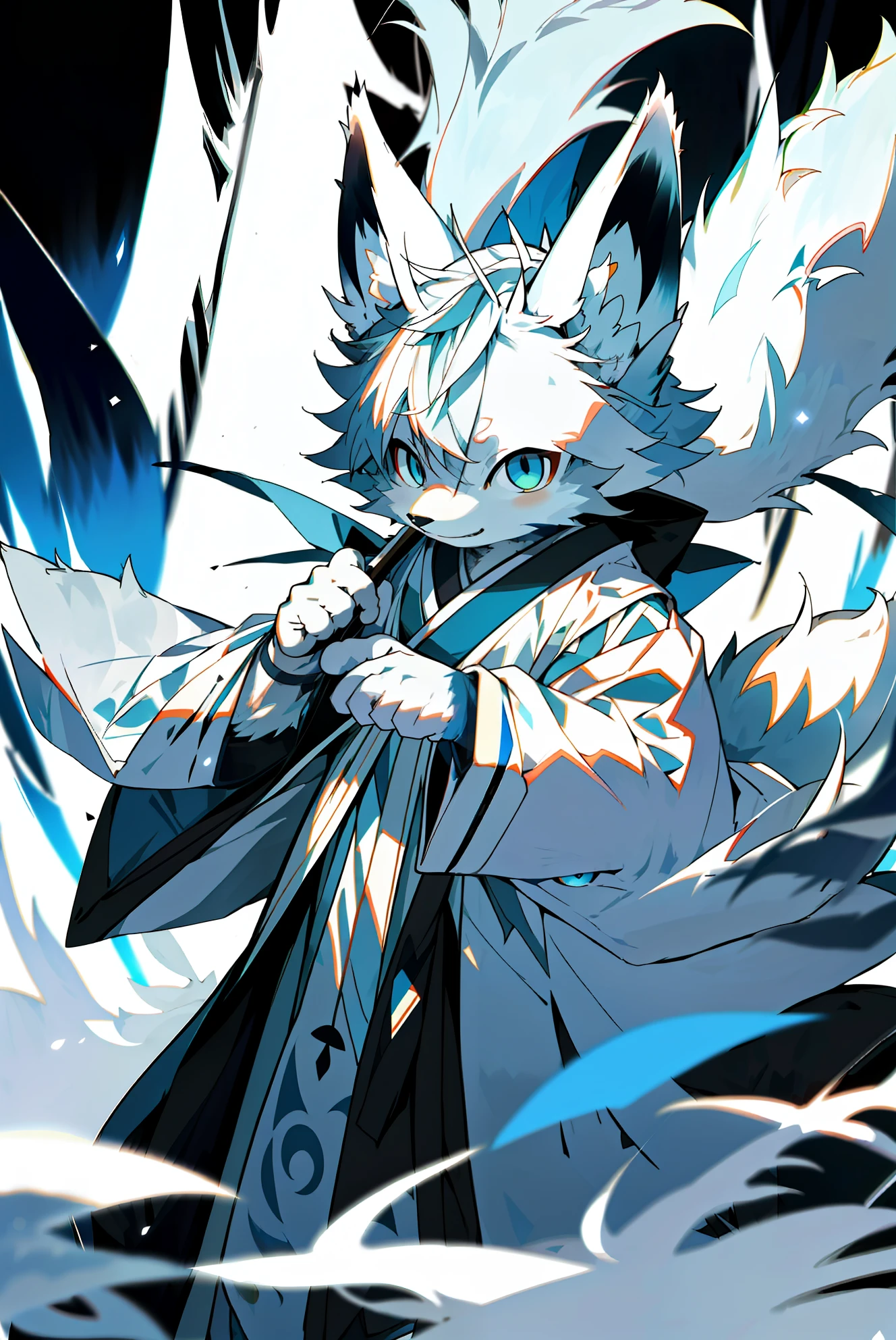 depth of fields，lighting perfect，light particules，（best qualtiy），（top-quality）（tmasterpiece），（ultra - detailed），arctic fox，White fur，White ears，Sharp focus，Sharp eyes，blue color eyes，Furry，komono，Japanese style costume，arctic fox，white colors，shaggy，White tail，Long tail，the street，