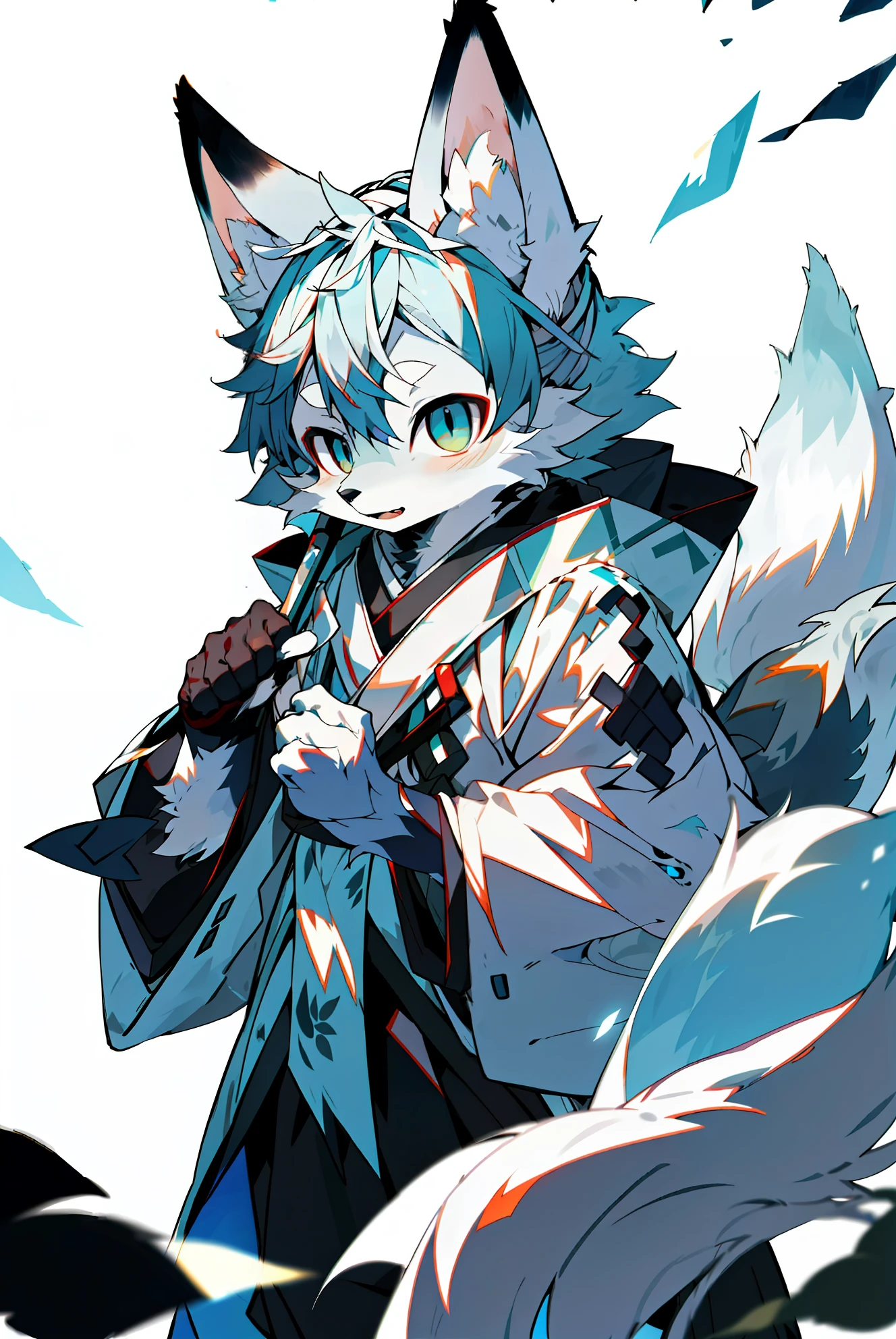 depth of fields,lighting perfect,light particules,(best qualtiy),(top-quality)(tmasterpiece),(ultra - detailed),arctic fox,White fur,White ears,Sharp focus,Sharp eyes,blue color eyes,Furry,komono,Japanese style costume,arctic fox,white colors,shaggy,White tail,Long tail,the street,