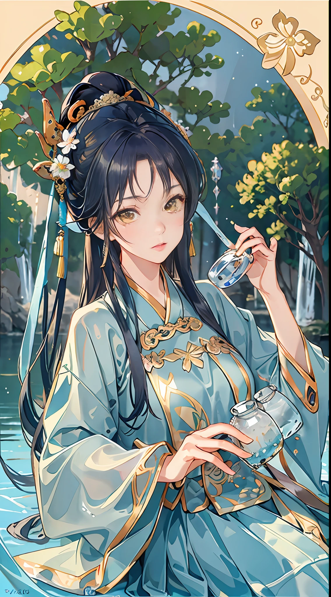 best quality, intricate details, highres,(beautiful detailed water:1.4),(hanfu, tang style),yellow eyes,(1girl in glass jar:1.1),