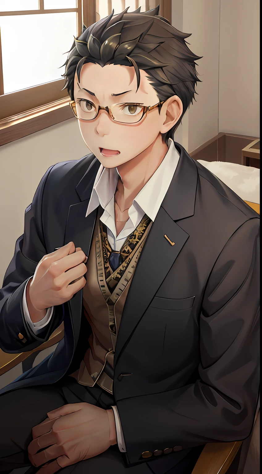 (1 Adult male),A high resolution, Sharp focus, Pixiv masterpiece, ((Complicated details)), highly detailed, natsuki_subaru, 1 man, with her mouth open,drools,full bodyesbian, Golden eyes(eyes glowing), with short golden hair,The shirt,Blue tie,obi strip,perspire,look from down