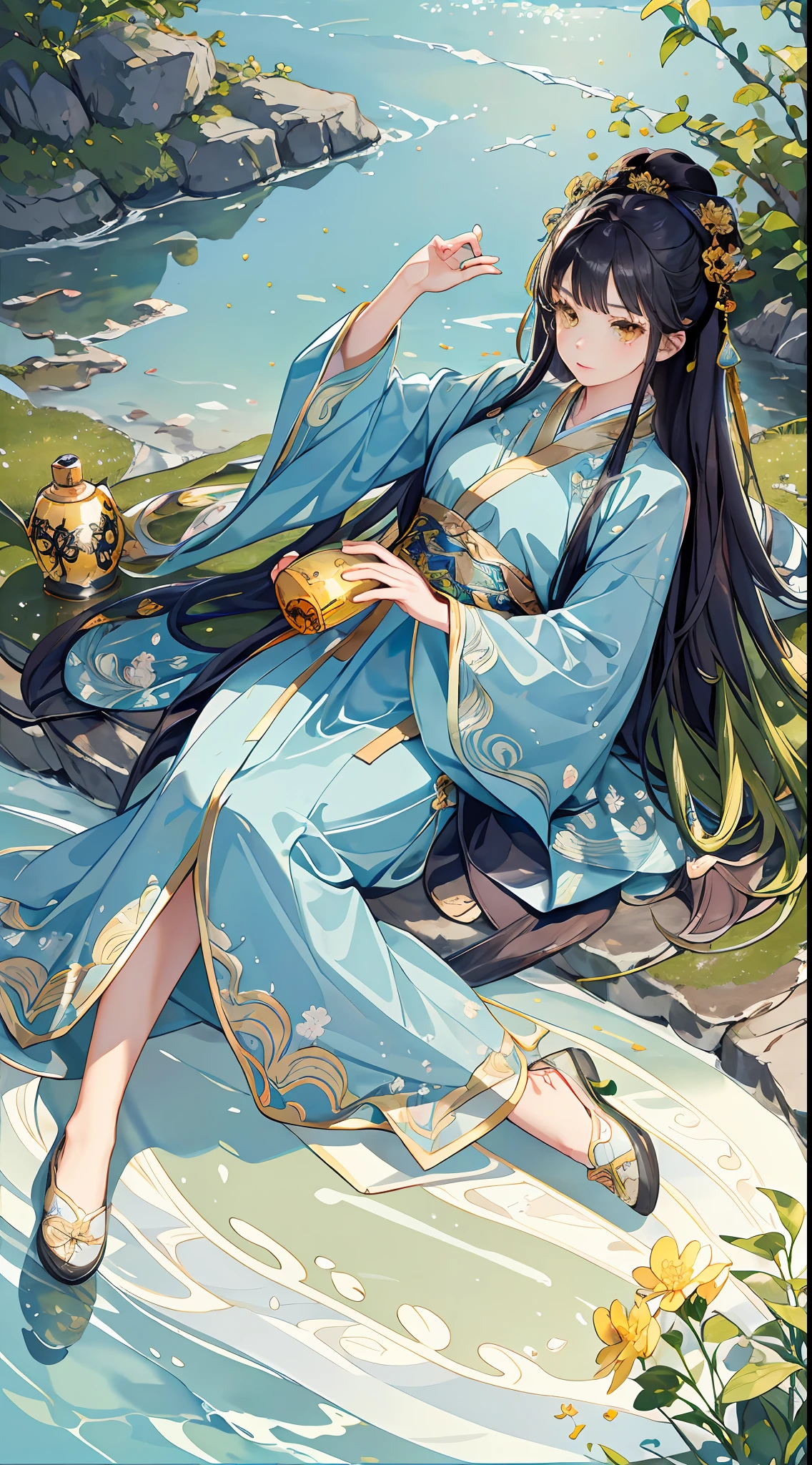 best quality, intricate details, highres,(beautiful detailed water:1.4),(hanfu, tang style),yellow eyes,(1girl in glass jar:1.1),