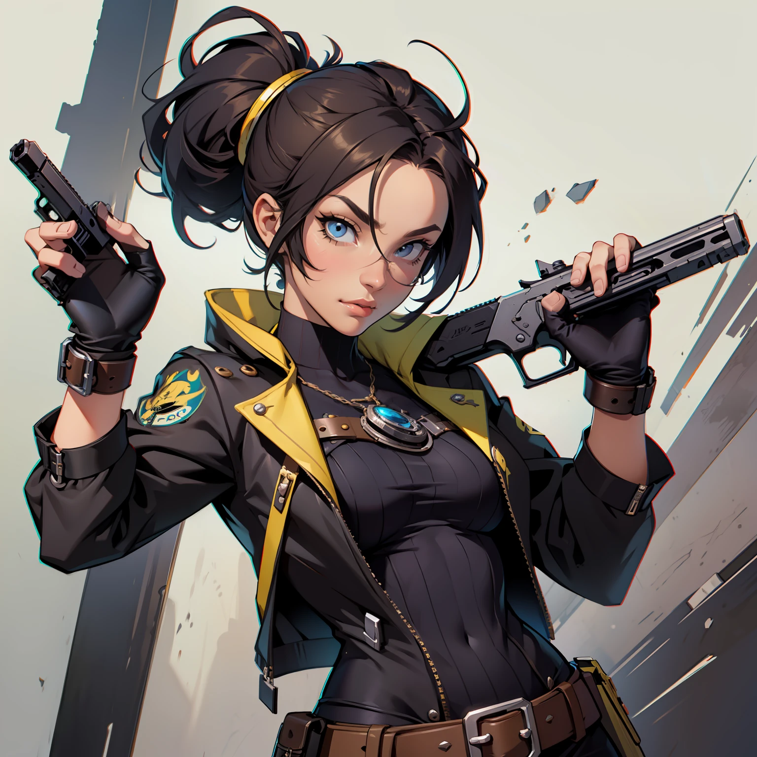 Primer plano de un mujer con un disfraz de pistola, ((arte conceptual del personaje)), ((Character Design Sheet, Mismo personaje, Frente, lado, derriere)) arte de personaje de historia de arce, video game character design, video game character design, chica de pistola de historia de arce, arte conceptual experto de alto detalle, arte conceptual de bala de metal, funny character design, Lucio como mujer, Inspiration of gravity fever, sticky tar. arte conceptual, belt buckle at waist, Pistola Steampunk,