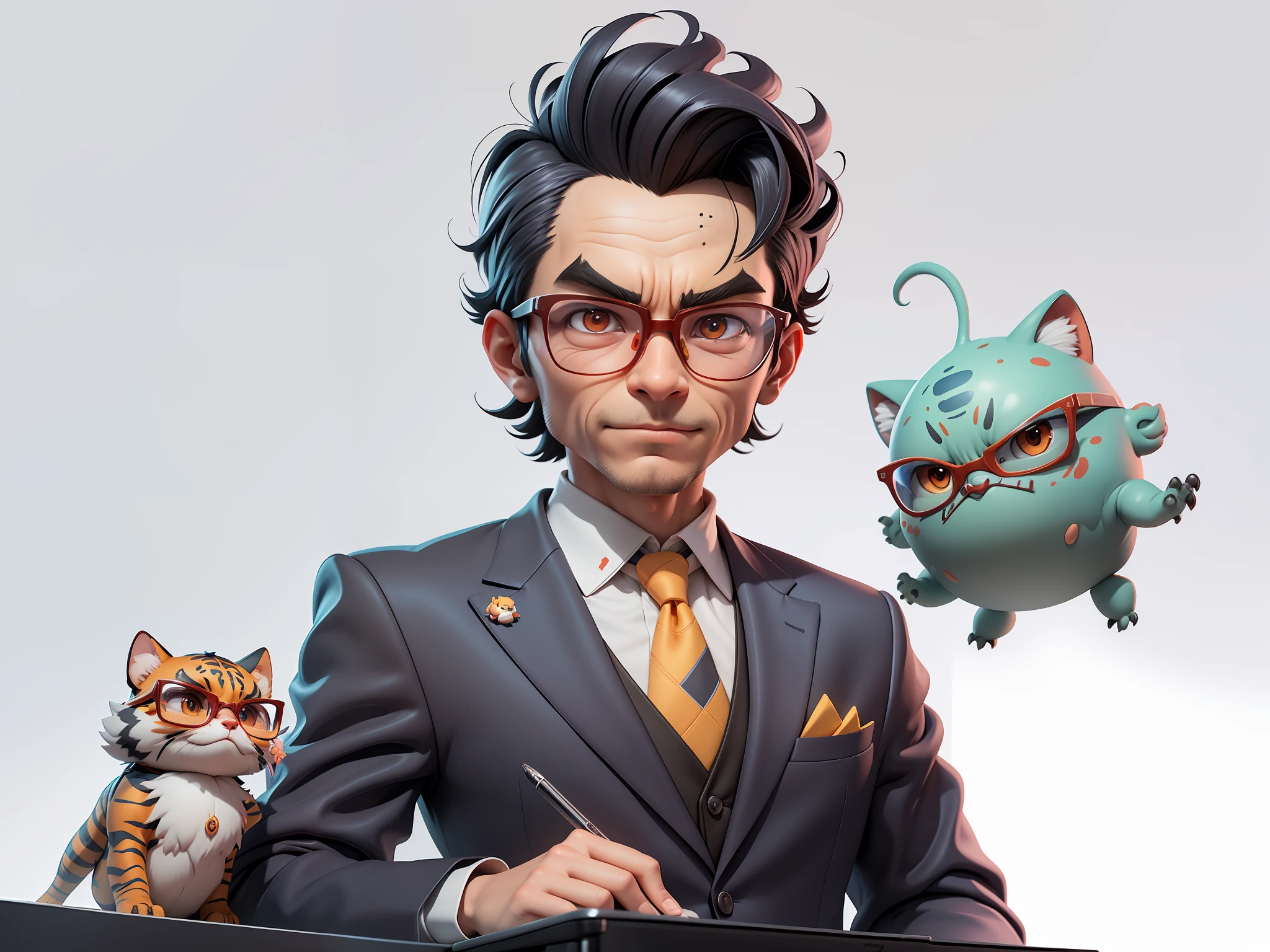A young man in a suit, Short hair and glasses sat at his desk,holding laptop,digitial painting,tigre,3D character design by Mark Clairen and Pixar and Hayao Miyazaki and Akira Toriyama,4K HD illustration,Very detailed facial features and cartoon-style visuals。