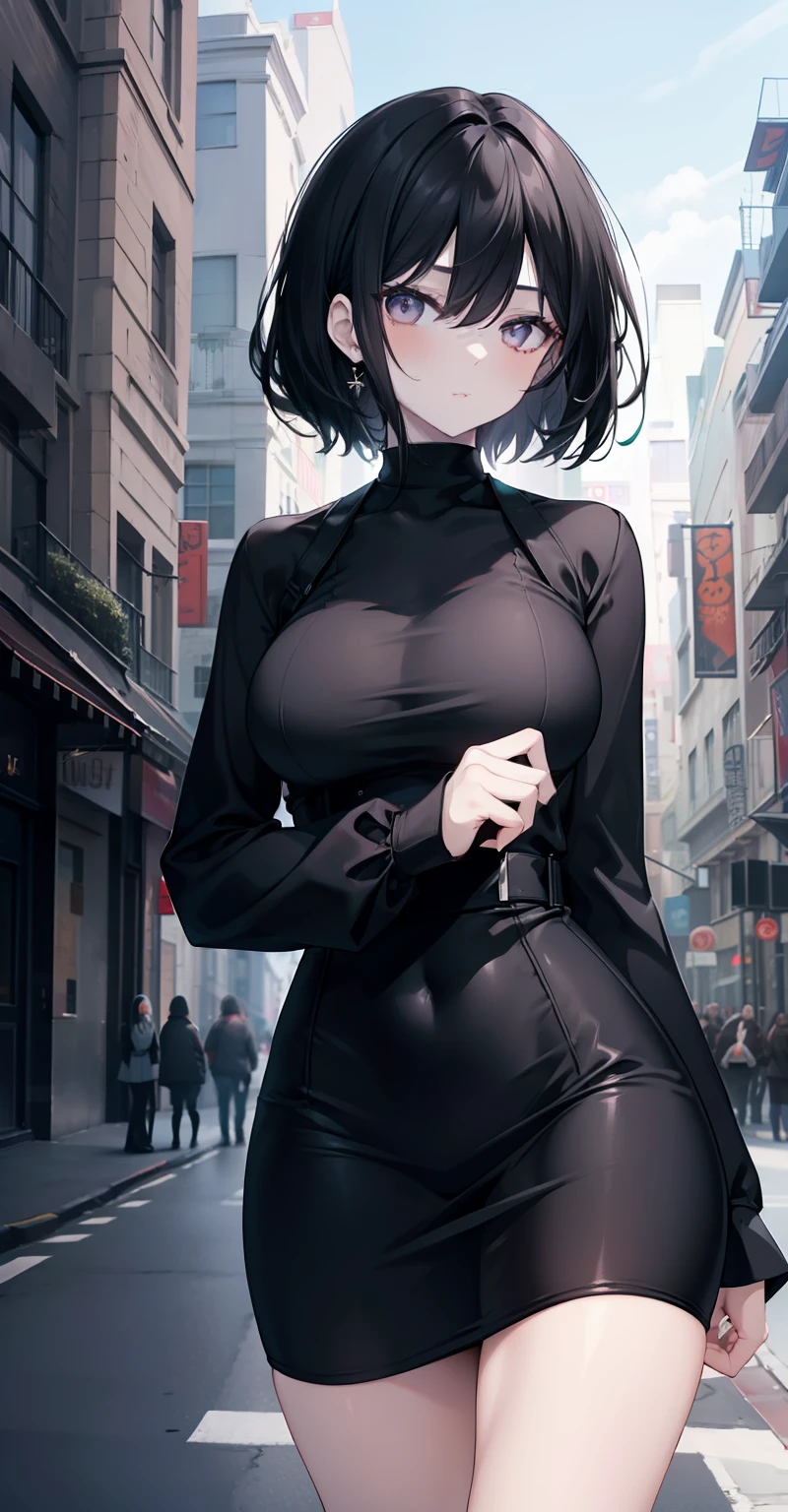 woman, pale skin, dark eyes, ear, eyebrow, big straight black hair, short black skin-tight long sleeve dress, slim waist, thick legs, thick thighs, background scenery, ultra-detailed street