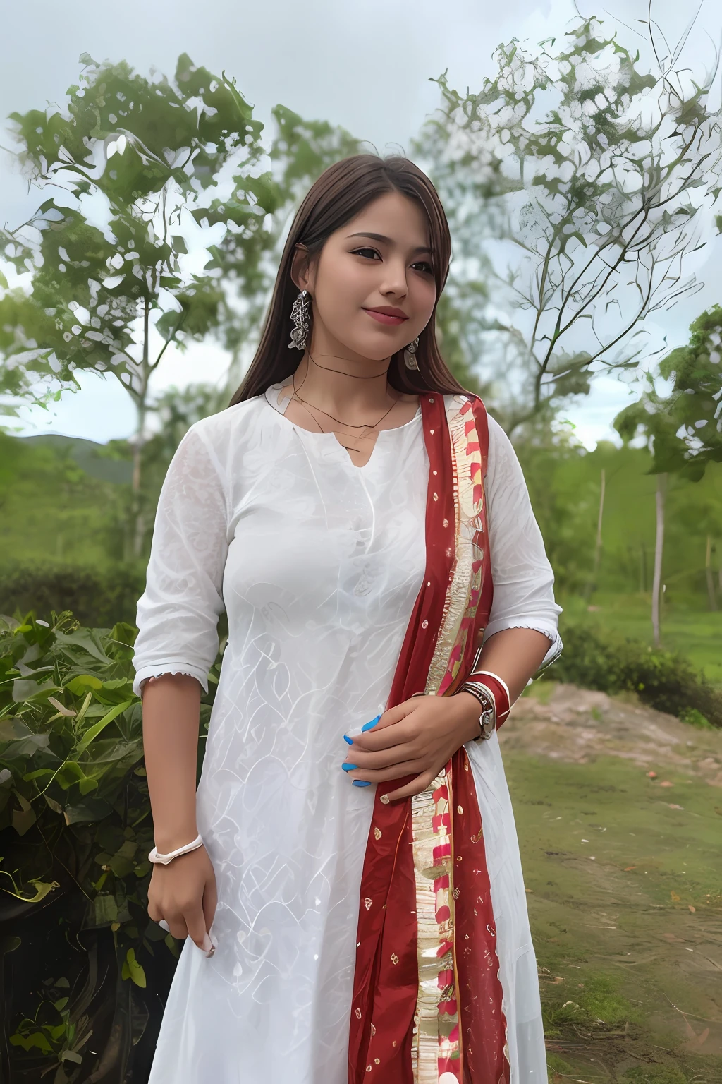 (( Realistic light, Best quality, 8k, Masterpiece :1.3)), 1girl, small mole under eyes, smile, closed eyes, small moles on the breast, Pretty woman with slender figure :1.4, abs :1.1, korean, pale-skined, (floatingwavy silk-brown hair, floating hair by wind, medium_breasts :1), (deep_cleavage), white offshoulder shirt:1.2, long sleeves wet by wind, (sweaty skin on breast:1), standing, night in the mountain, campfire light, Ultra-detailed face, Detailed eyes, Double eyelid, shiny skin, cowboy shot