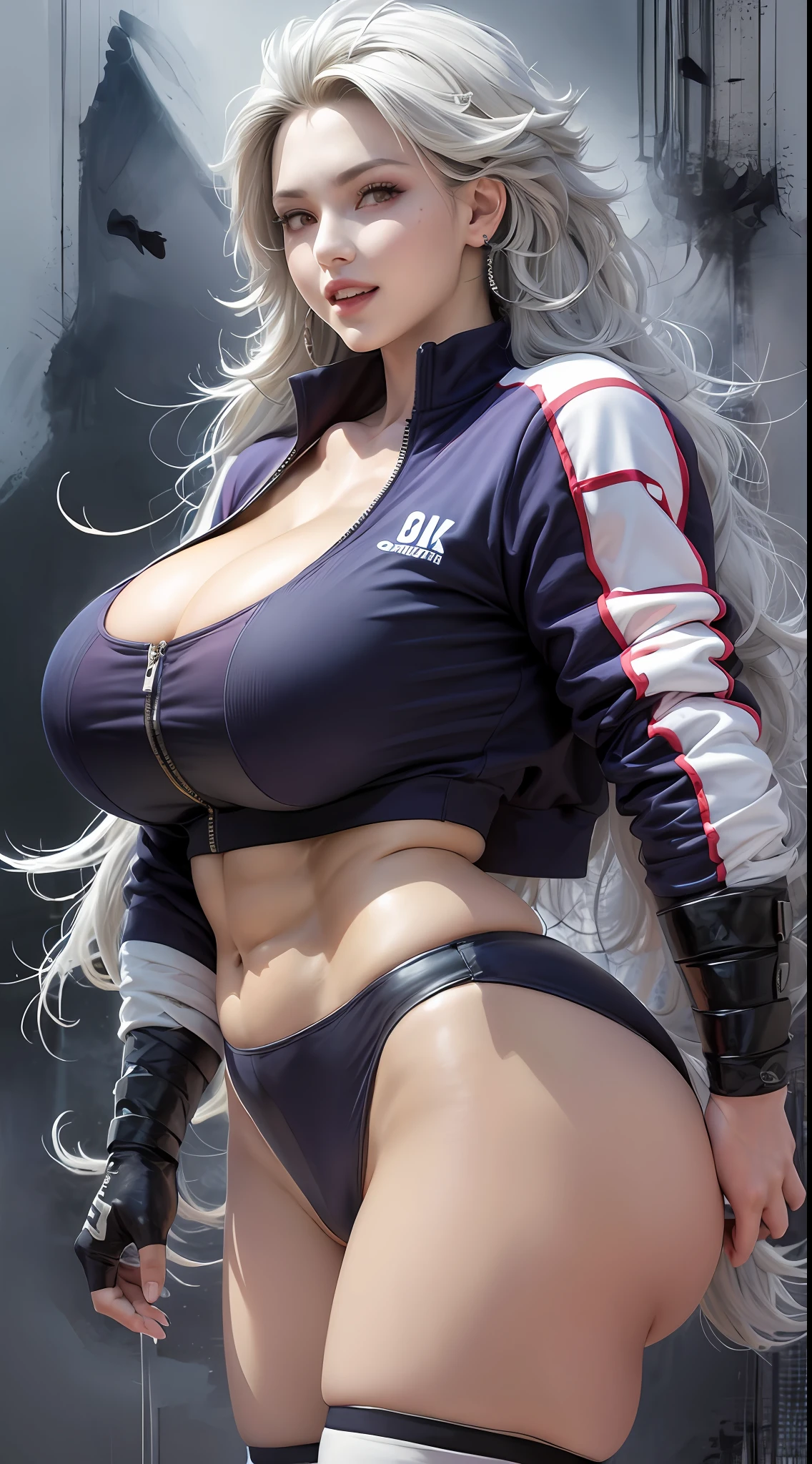 (high quality, masterpiece, best quality, high art), albedo, solo, venusbody, noi_dorohedoro, highres, sharp focus, pixiv masterpiece, ((intricate details)), highly detailed, upper body, 1girl, long hair, muscular, jacket, purple track suit, looking at viewer 8k, uhd, unreal engine render, huge breasts,