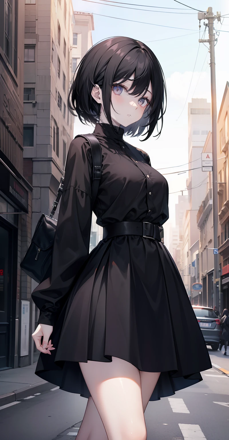 woman, pale skin, dark eyes, ear, eyebrow, big straight black hair, short black skin-tight long sleeve dress, slim waist, thick legs, thick thighs, background scenery, ultra-detailed street