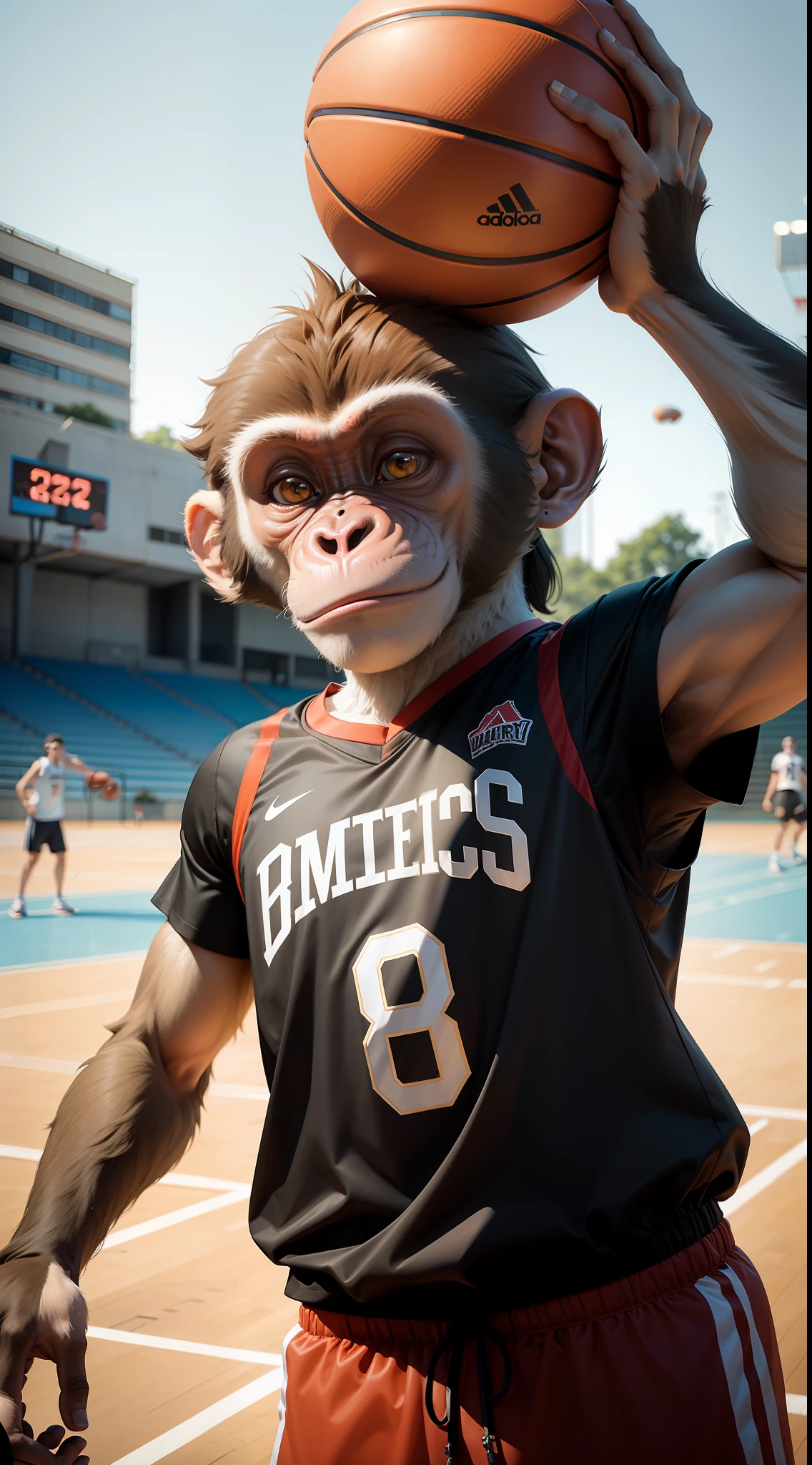 (A monkey anthropomorphizes 1.2),at basketball court,Wearing the number 8 shirt,Shooting,photorealestic,best qualtiy,ultra-clear,perfect compositions,