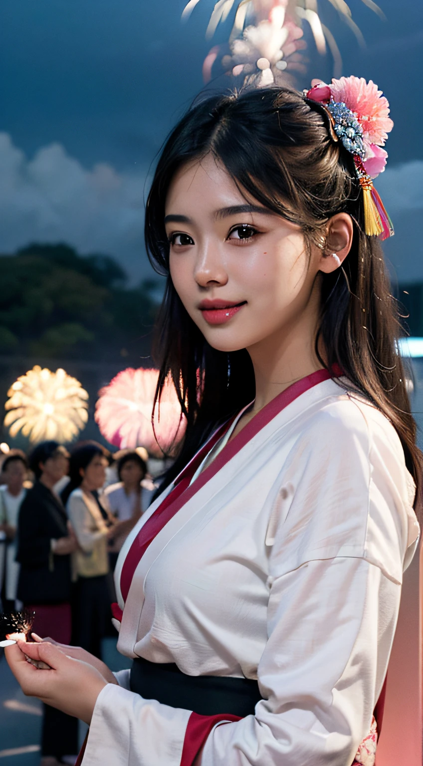 best qualtiy、​masterpiece、photoRealstic、intricate-detail、Raw foto、Photon Rendering、Octane Rendering、absurderes、ultra-detailliert、A detailed face、Detailed skin、Trending in art stations、8K Masterpiece、lighting like a movie、( (1girl in))、((独奏) ))、CG Social Trends、Plastic En、((Black Long Hair))、((Beautuful Women))、(A smile)、Upper teeth、Fashionable、Hair that flutters in the wind、((Flowing hair))、fashion magazine、((A sexy))、((lighting like a movie)、((indirect lighting)、、(ssex)、Grinning、(View from a distance)、((Festival of Japan))、Pink kimono、((Fireworks Festival))、