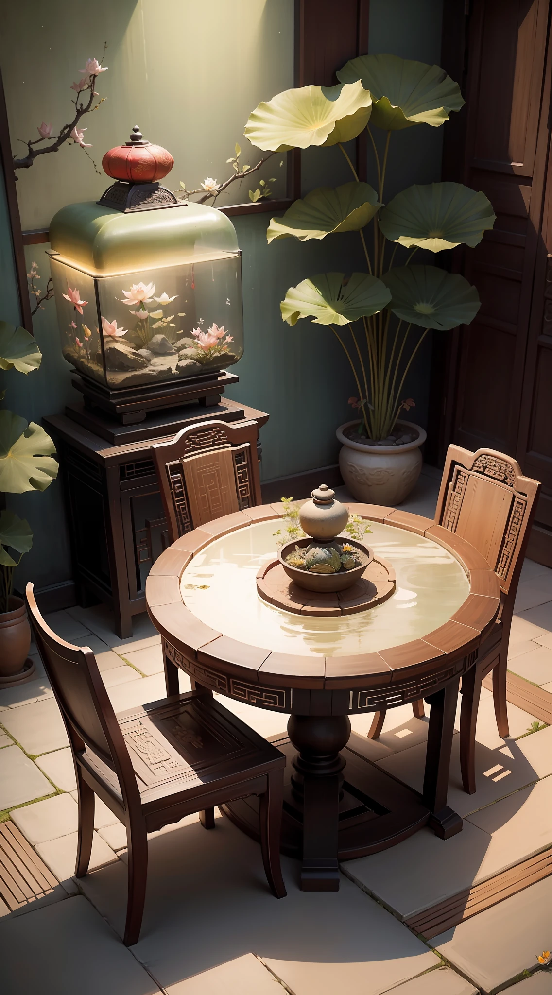 Vintage Chinese yard There is a woman wearing a Chinese cheongsam with a long feminine and moving sitting on a stone table and chairs, next to a fish tank with lotus flowers inside, realistic style