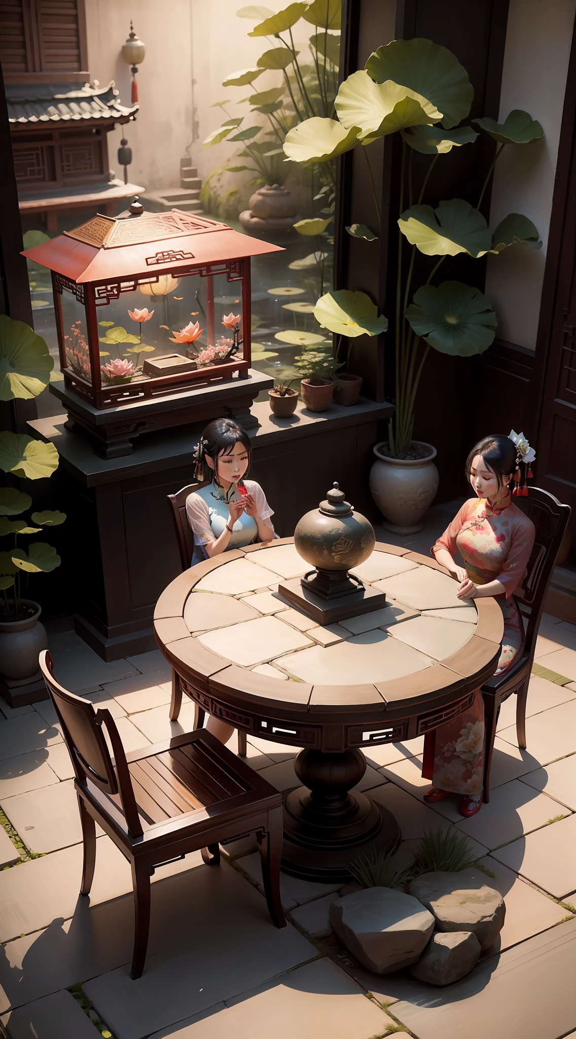 Vintage Chinese yard There is a woman wearing a Chinese cheongsam with a long feminine and moving sitting on a stone table and chairs, next to a fish tank with lotus flowers inside, realistic style