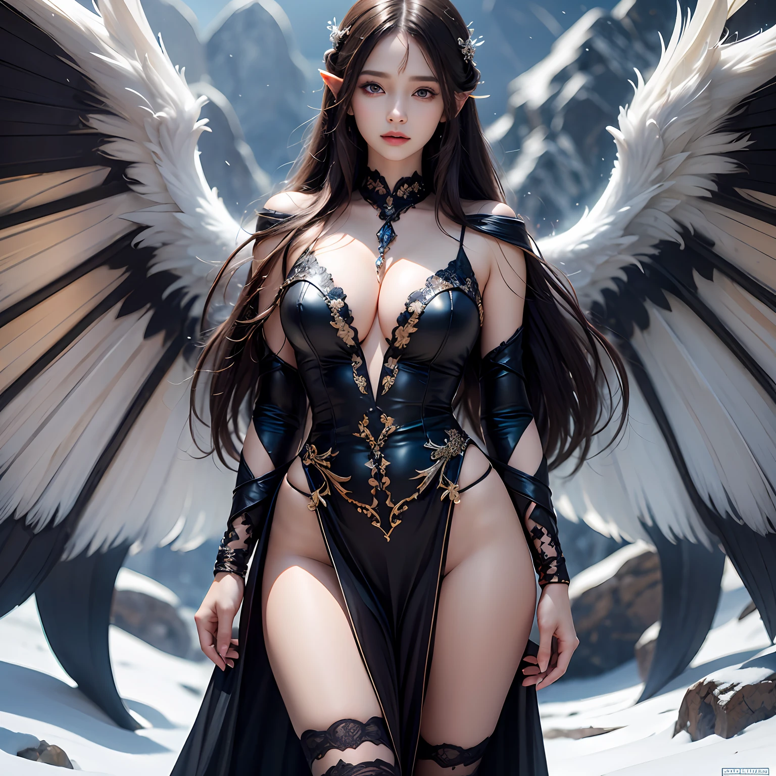 Beautiful demon girl，（best qualtiy，8K，tmasterpiece:1.3），Goose egg face，largeeyes，long eyelasher，With bangs，Cool handsome，Domineering，Exquisite（live-action realistic style），Star-like eyes，Ultimate face，Photorealistic light and shadow，Clear facial features，Milky white skin，Fair skin， highdetailskin， Realistic skin details， Visible Pore，（Super detail），Petite body，Carmelto， full bodyesbian，She wears long loose black hair and reaches her waist，（hair flowing）， Smoothness，Huge wings，Crystal wings，（Super detail），offcial dress，dress，Beautifully decorated，（（dynamicposes））），（（sexyposture））），Walking on snow，（Two ice planet backgrounds（Binary orbital flight）），space，salama，Dramatic scenes，Huge snowy mountains，NSFW：1.07