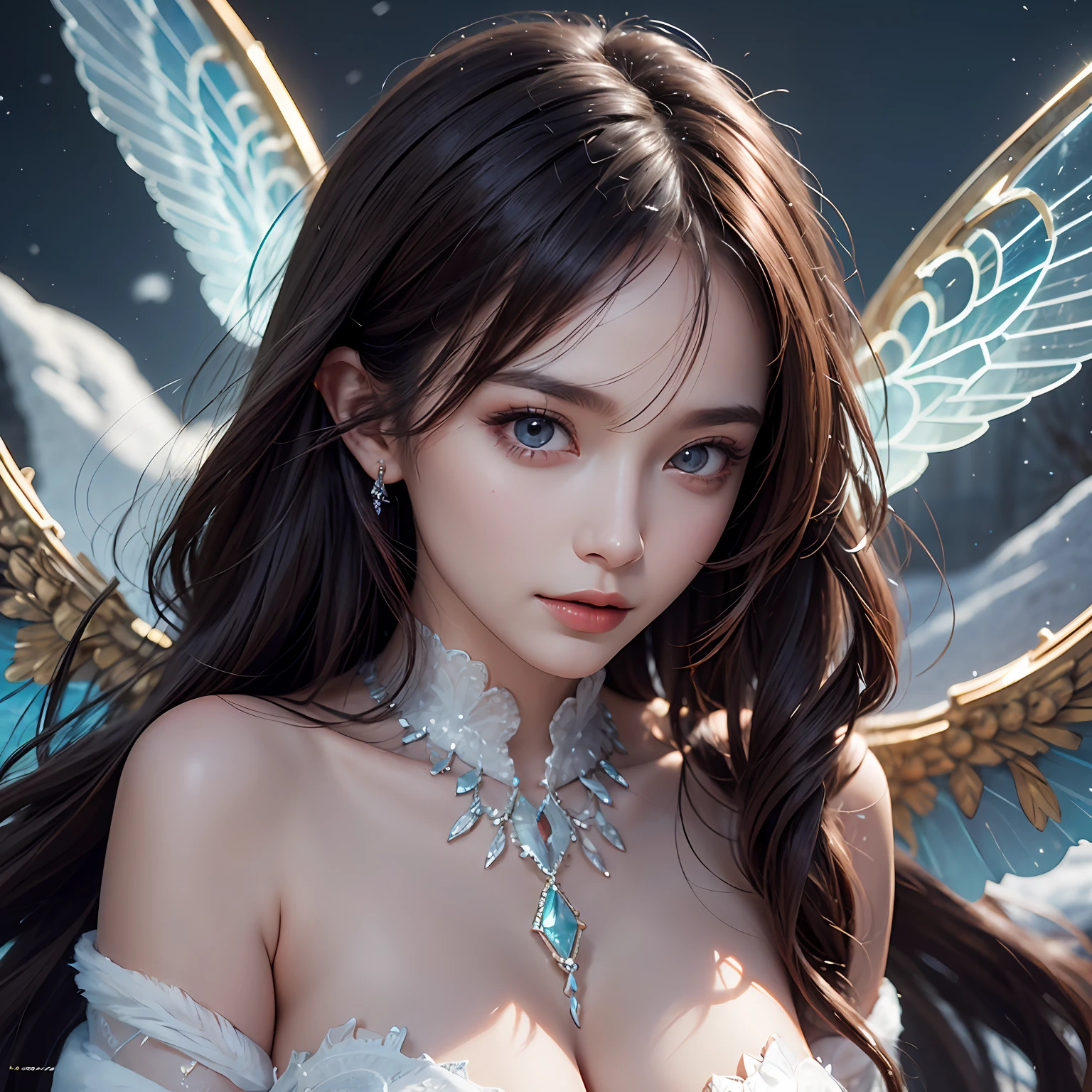 Beautiful demon girl，（best qualtiy，8K，tmasterpiece:1.3），Goose egg face，largeeyes，long eyelasher，With bangs，Cool handsome，Domineering，Exquisite（live-action realistic style），Star-like eyes，Ultimate face，Photorealistic light and shadow，Clear facial features，Milky white skin，Fair skin， highdetailskin， Realistic skin details， Visible Pore，（Super detail），Petite body，Carmelto， full bodyesbian，She wears long loose black hair and reaches her waist，（hair flowing）， Smoothness，Huge wings，Crystal wings，（Super detail），offcial dress，dress，Beautifully decorated，（（dynamicposes））），（（sexyposture））），Walking on snow，（Two ice planet backgrounds（Binary orbital flight）），space，salama，Dramatic scenes，Huge snowy mountains，NSFW：1.07