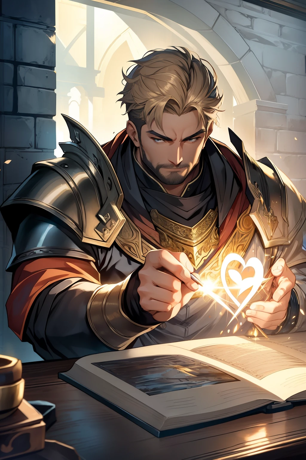 (Masterpiece, Best quality), Intricate details, 8K, art stations, the wallpaper, offcial art, Splash Art, Sharp focus,In dungeon time,A middle-aged paladin,He has an outstanding magical talent and a strong heart for justice。