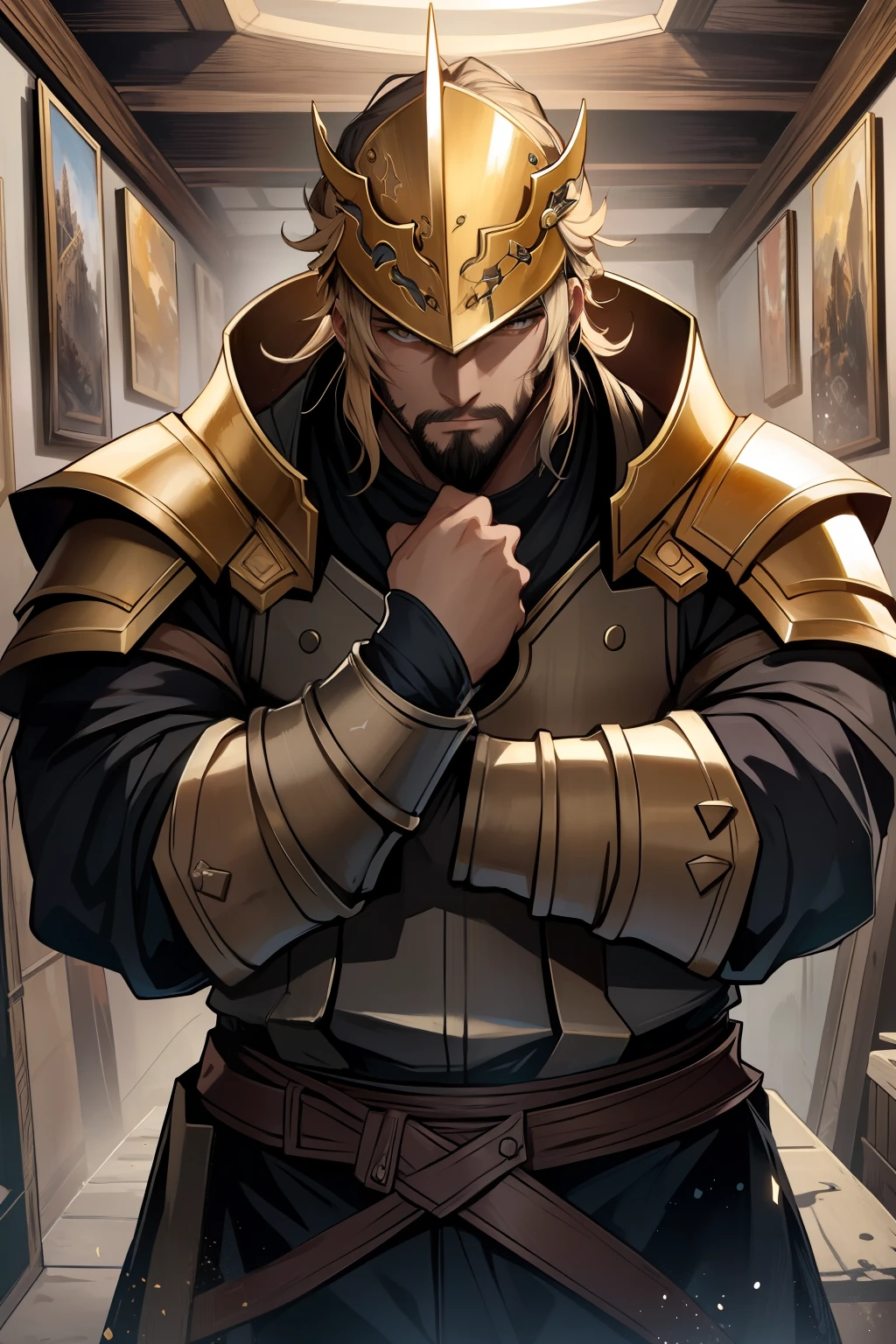 (Masterpiece, Best quality), Intricate details, 8K, art stations, the wallpaper, offcial art, Splash Art, Sharp focus,In dungeon time,A middle-aged paladin,He has an outstanding magical talent and a strong heart for justice。