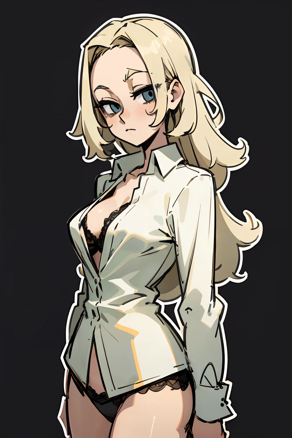 Mature woman, light blue eyes, blonde hair, forehead, (Wavy Hair:0.5), white shirt, ((Unbuttoned shirt)), black panties, lace panty, ((thick outlines)), ((white outlines)), (Sketch)