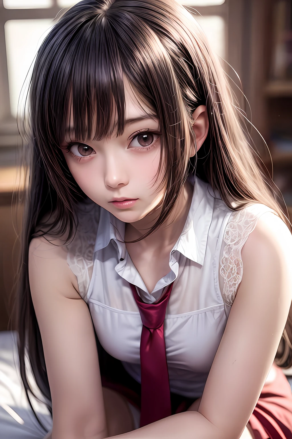 anime girl sitting on a bed with a red tie on, anime moe artstyle, seductive anime girl, gapmoe yandere, cute anime girl, the anime girl is crouching, small curvy loli, anime best girl, beautiful anime girl squatting, anime visual of a cute girl, beautiful alluring anime teen, ecchi anime style, smooth anime cg art