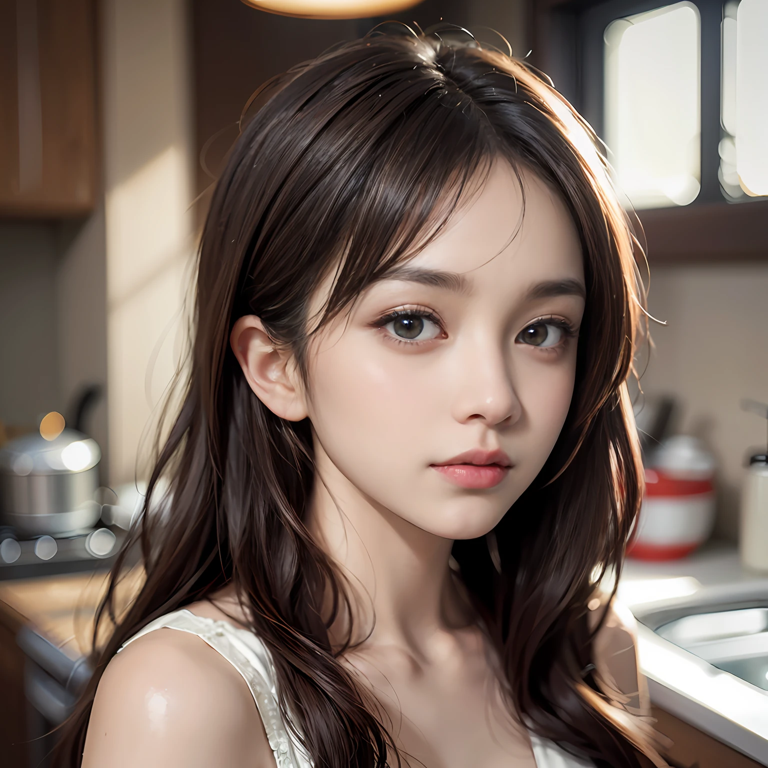 Girl wearing only kitchen fences、（Photo-reality：1.4）、（Hyper-realistic：1.4）、（Real Scene：1.5）、
（Smooth lighting：1.05）、（increase cinematic lighting quality：0.9）、32 k、
1girll、20岁女孩、realistic illumination、The light from the back window is backlighted、Facial light、Ray traching、（Brighten light：1.2）、（enchanced quality：1.4）、
（Top quality true texture skin）、Delicate eyes、Delicate face、
（Exhaustion、Sleepy、satisfied：0.0）、closeup of face、
（Physical mood improvement：1.1）、Glossy glossy skin、Actress、韓国アイドル、乃木坂アイドル、hposing Gravure Idol、Beautiful actress、Neat and clean woman、kitchens