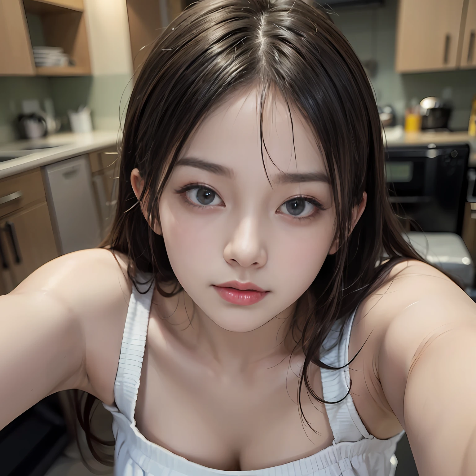 Girl wearing only kitchen fences、(Photo-reality:1.4)、(Hyper-realistic:1.4)、(Real Scene:1.5)、
(Smooth lighting:1.05)、(increase cinematic lighting quality:0.9)、32 k、
1girll、20岁女孩、realistic illumination、The light from the back window is backlighted、Facial light、Ray traching、(Brighten light:1.2)、(enchanced quality:1.4)、
(Top quality true texture skin)、Delicate eyes、Delicate face、
(Exhaustion、Sleepy、satisfied:0.0)、closeup of face、
(Physical mood improvement:1.1)、Glossy glossy skin、Actress、韓国アイドル、乃木坂アイドル、hposing Gravure Idol、Beautiful actress、Neat and clean woman、kitchens
