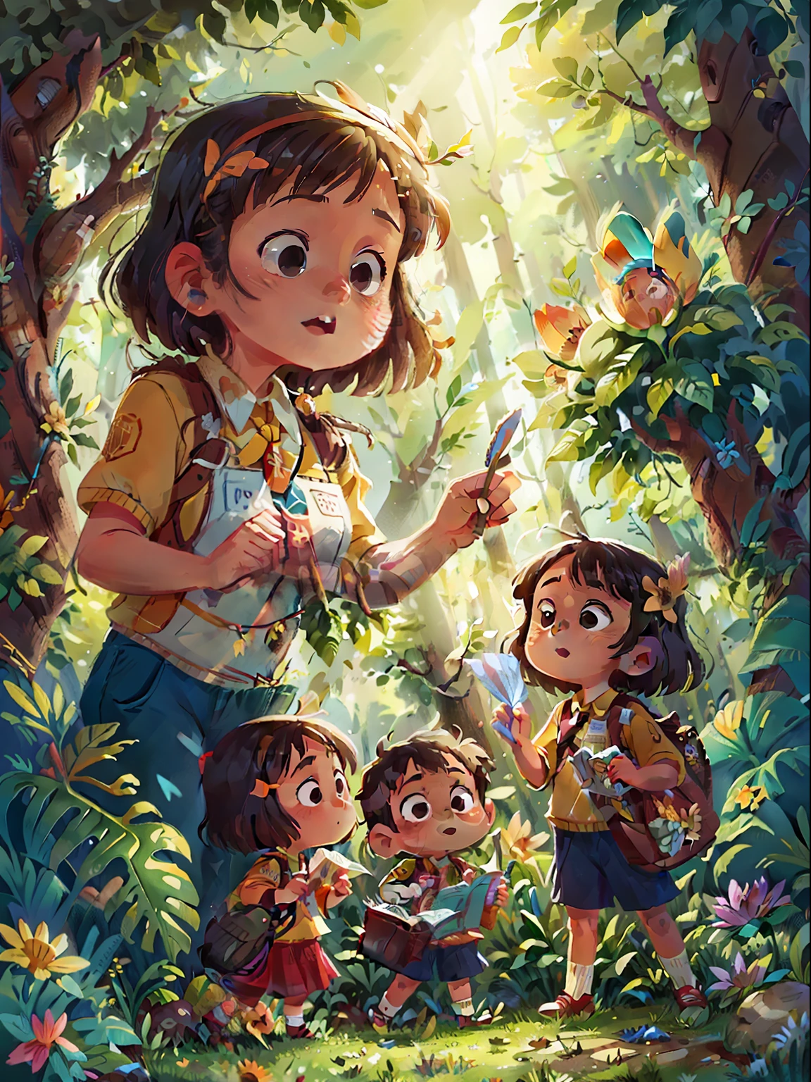 Teachers lead children to learn,Tano,rays of sunshine,Flowers and trees